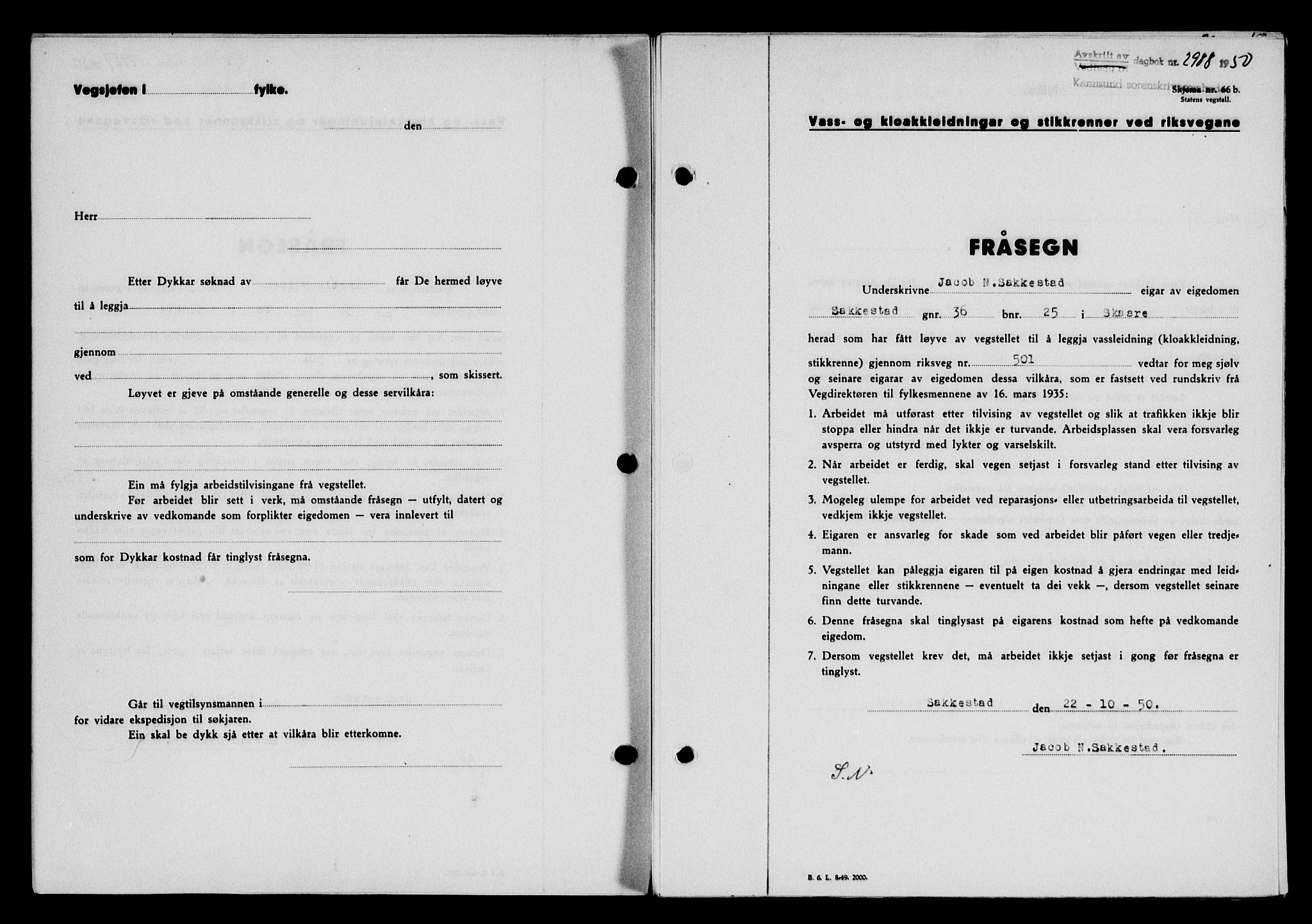 Karmsund sorenskriveri, SAST/A-100311/01/II/IIB/L0101: Mortgage book no. 81A, 1950-1951, Diary no: : 2988/1950