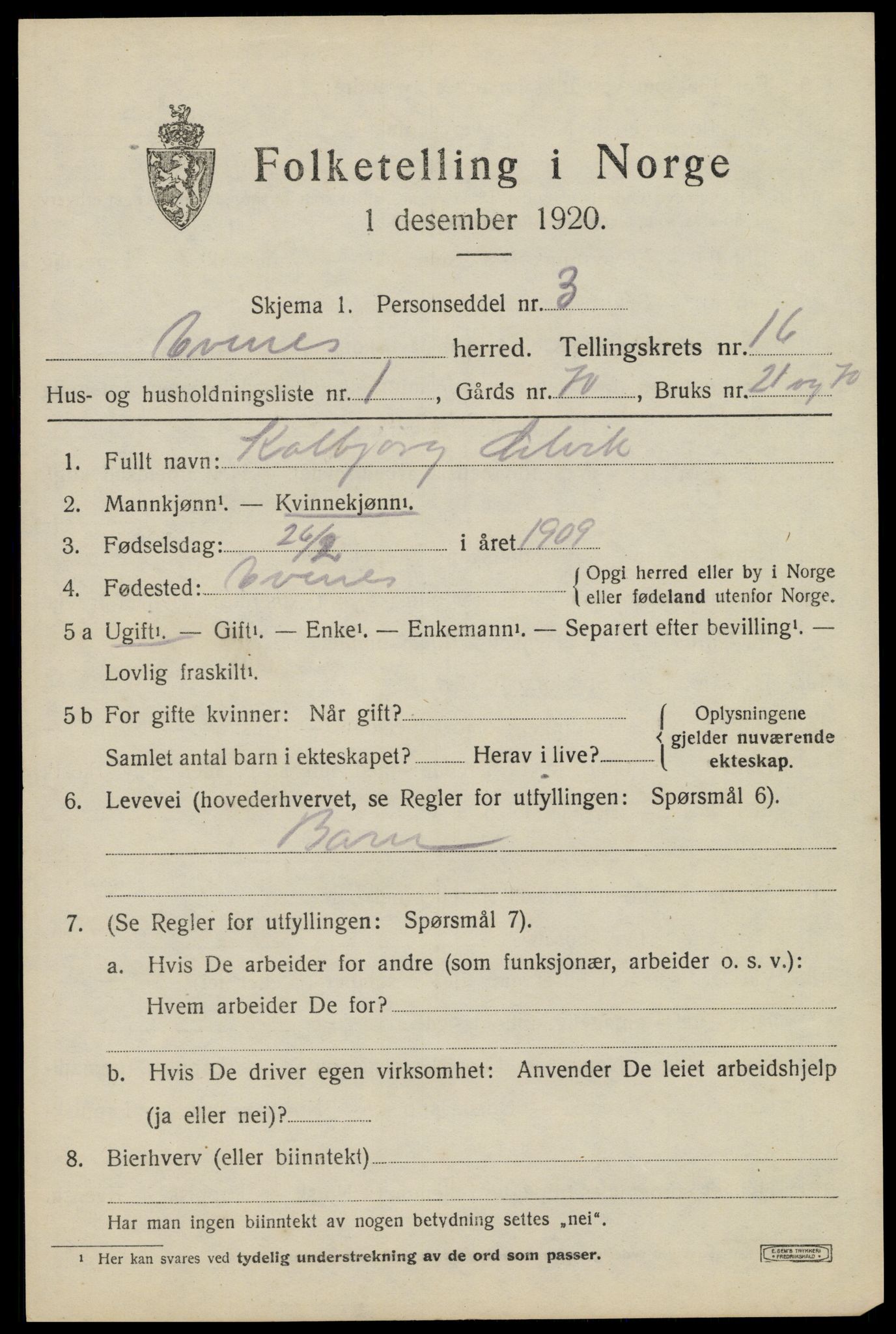 SAT, 1920 census for Evenes, 1920, p. 13186