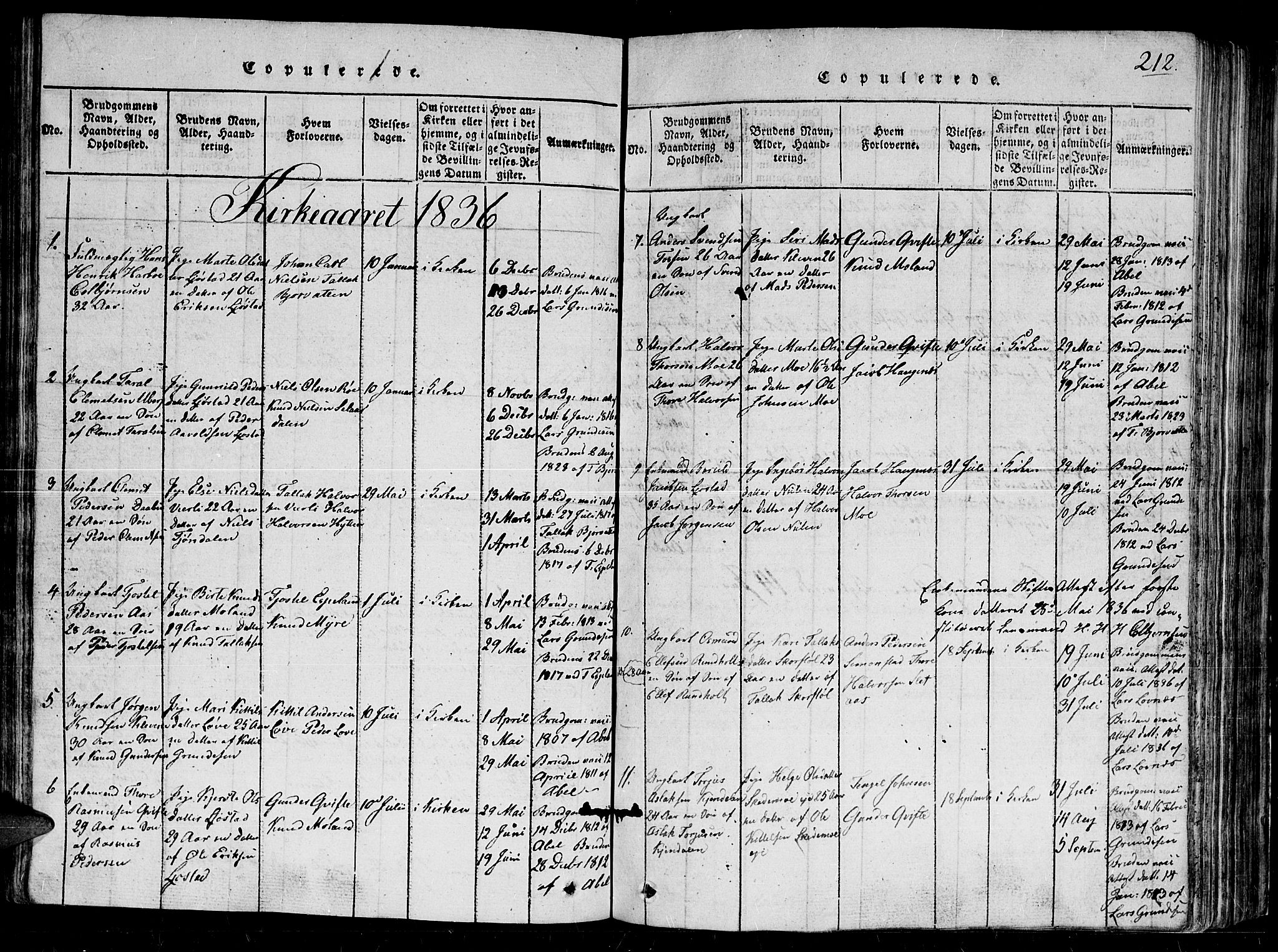 Gjerstad sokneprestkontor, SAK/1111-0014/F/Fb/Fbb/L0001: Parish register (copy) no. B 1, 1813-1863, p. 212