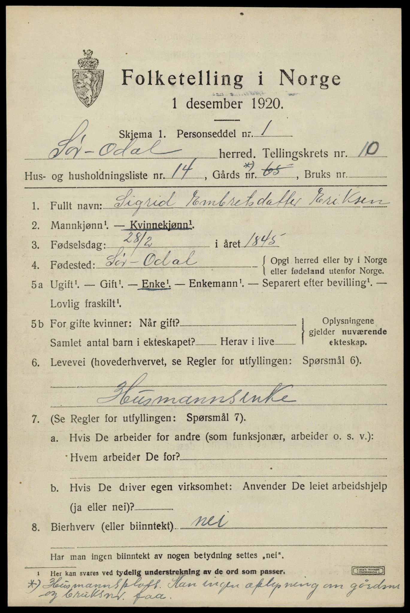 SAH, 1920 census for Sør-Odal, 1920, p. 11711