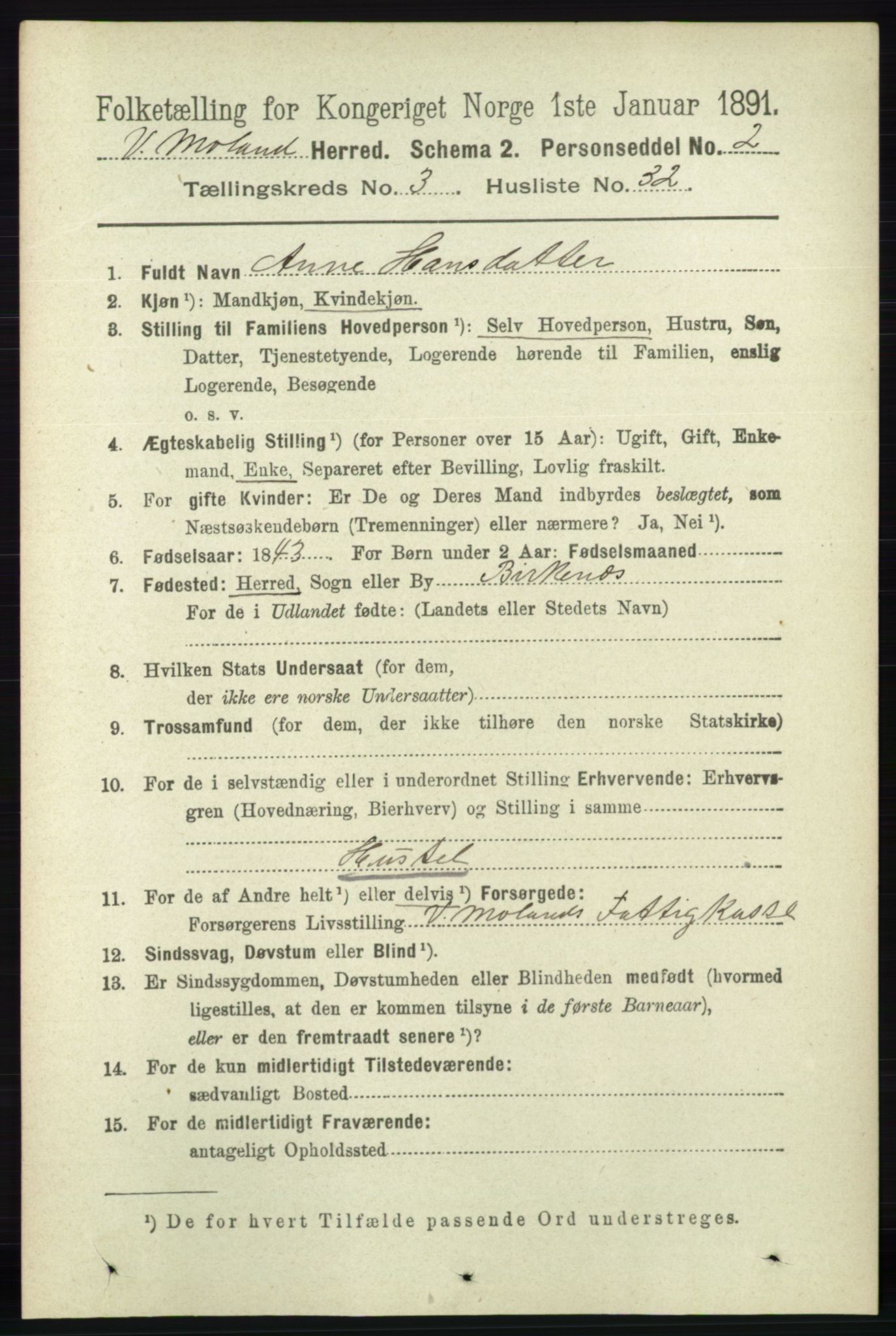 RA, 1891 census for 0926 Vestre Moland, 1891, p. 1130