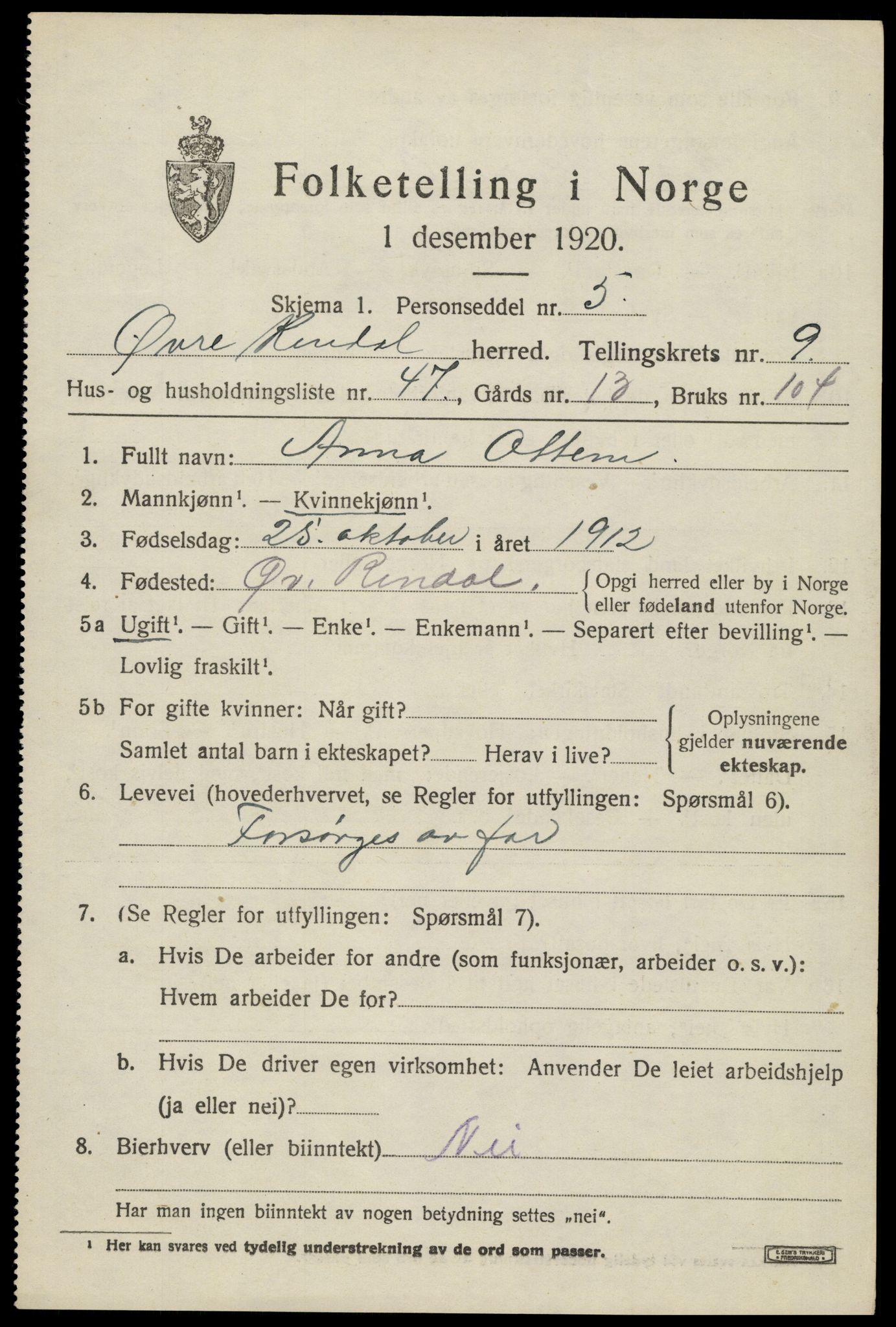 SAH, 1920 census for Øvre Rendal, 1920, p. 3829