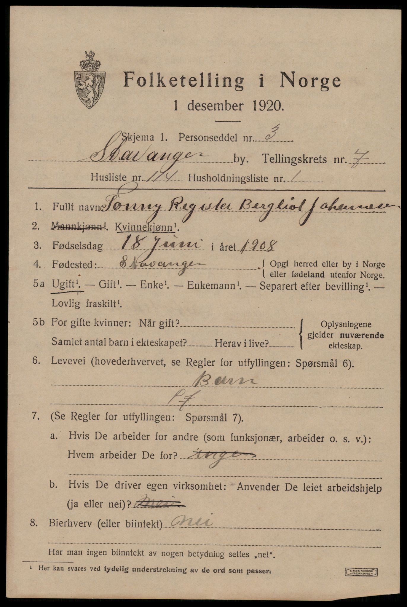 SAST, 1920 census for Stavanger, 1920, p. 47062