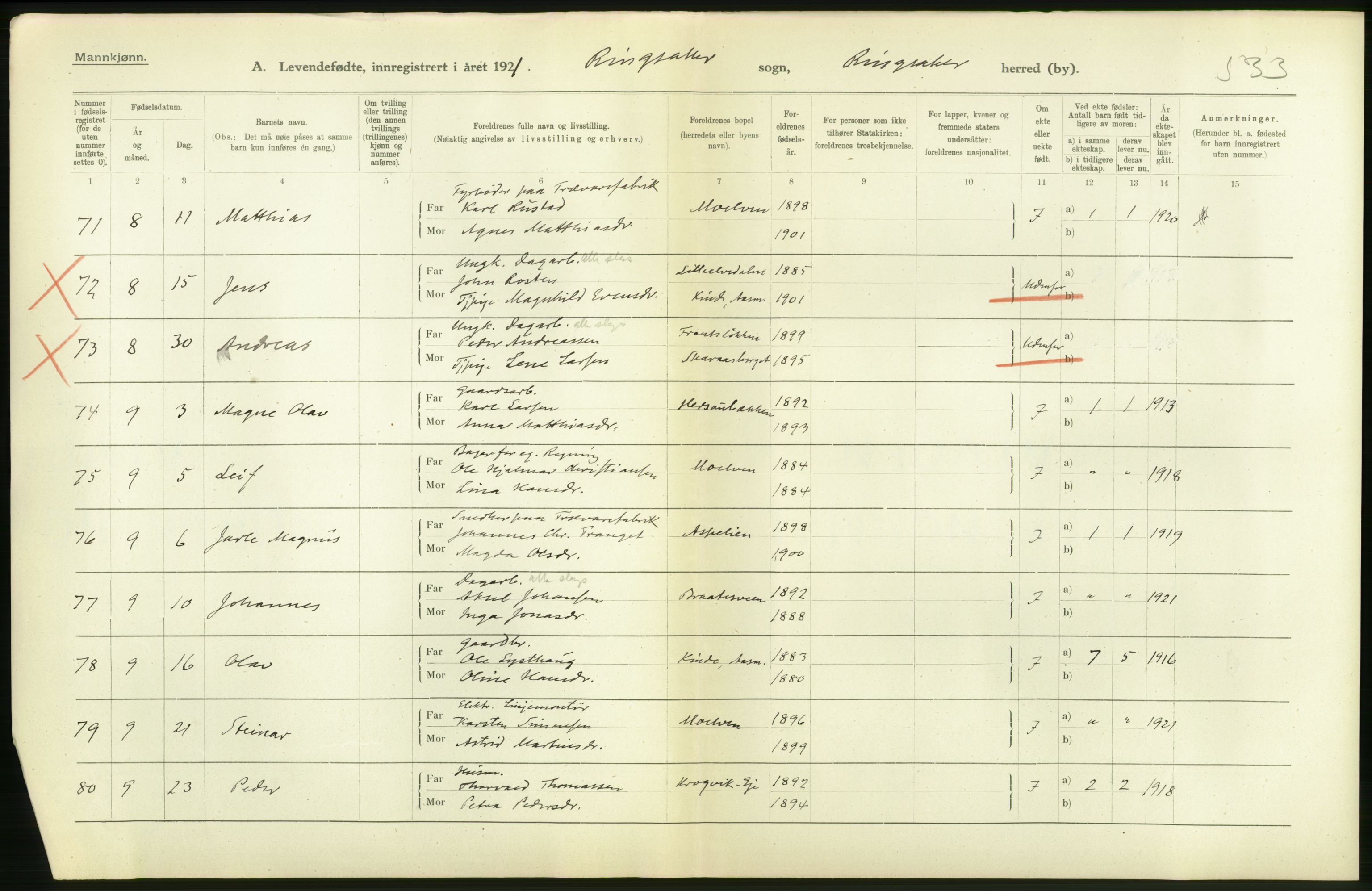 Statistisk sentralbyrå, Sosiodemografiske emner, Befolkning, AV/RA-S-2228/D/Df/Dfc/Dfca/L0014: Hedemark fylke: Levendefødte menn og kvinner. Bygder., 1921, p. 34