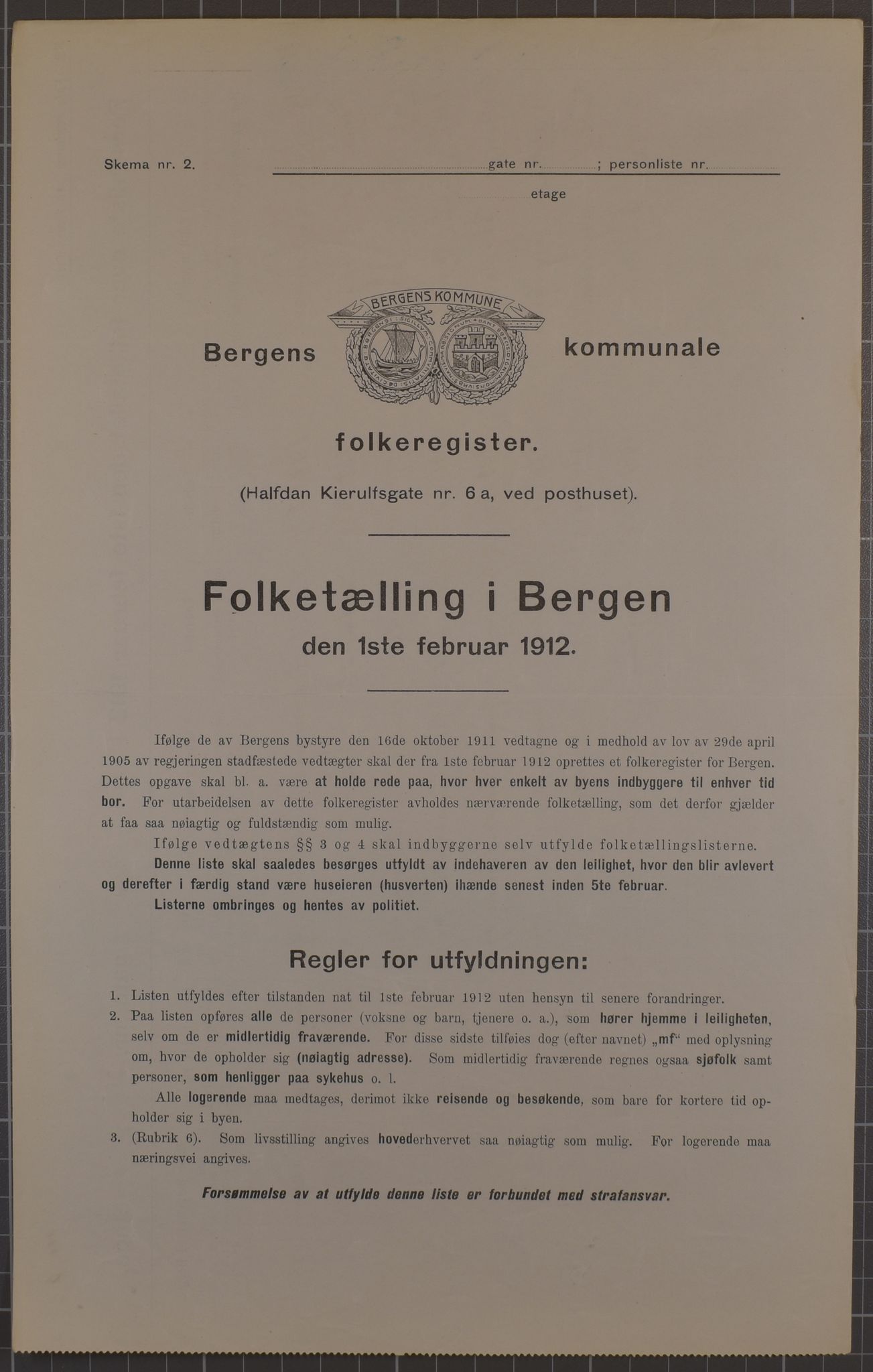 SAB, Municipal Census 1912 for Bergen, 1912, p. 179