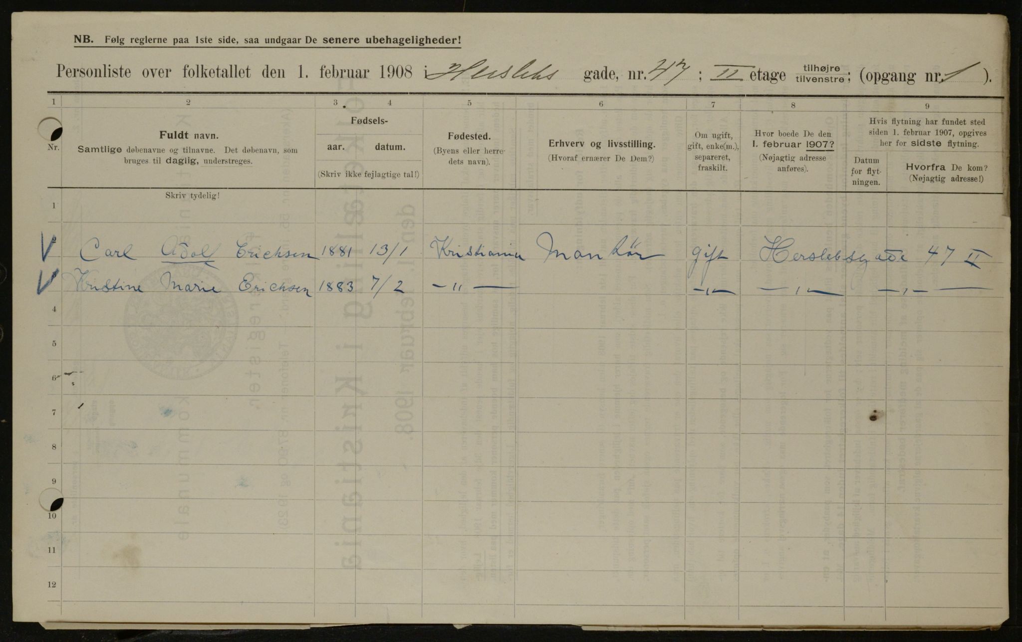 OBA, Municipal Census 1908 for Kristiania, 1908, p. 35842