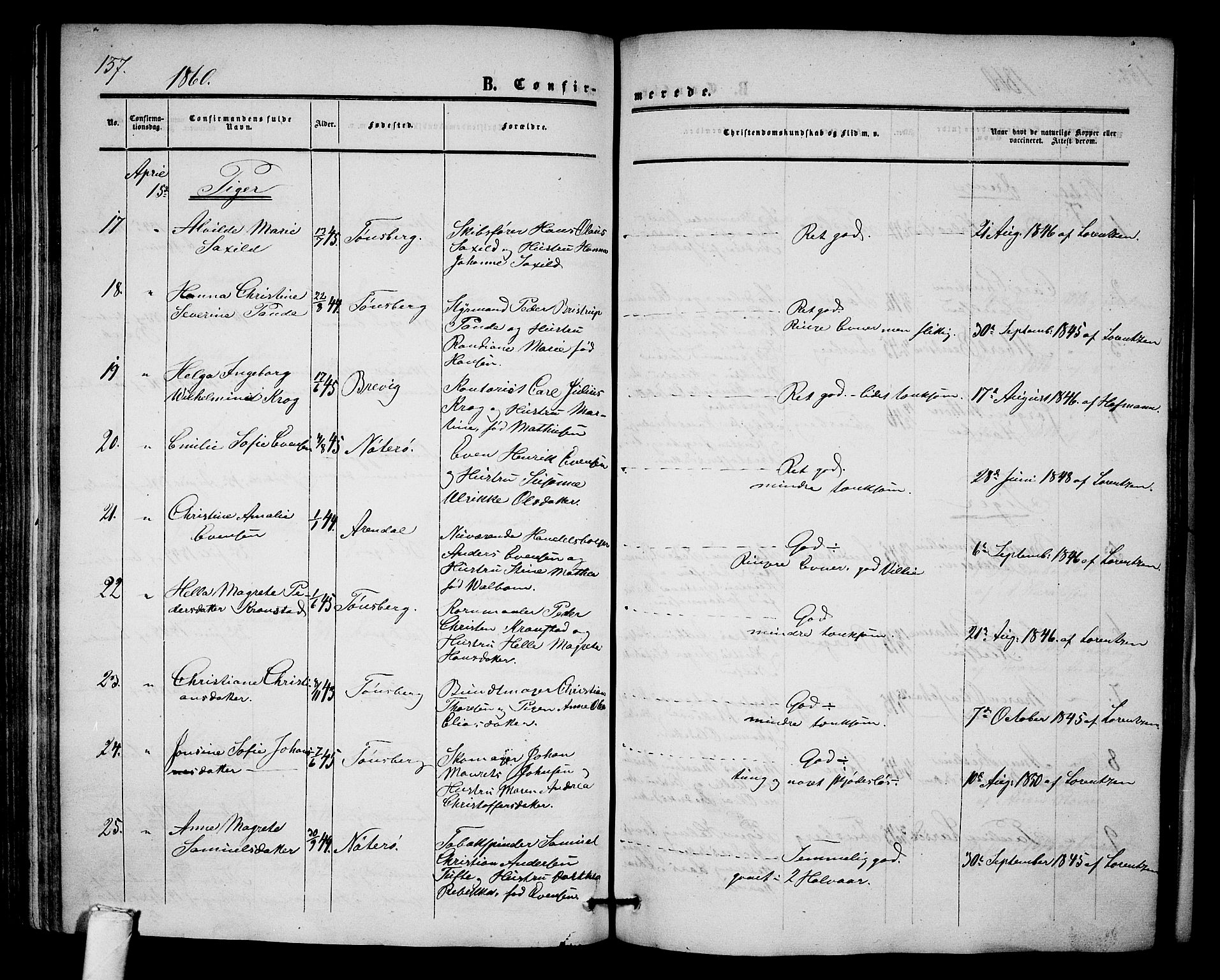 Tønsberg kirkebøker, AV/SAKO-A-330/G/Ga/L0003: Parish register (copy) no. 3, 1855-1864, p. 157