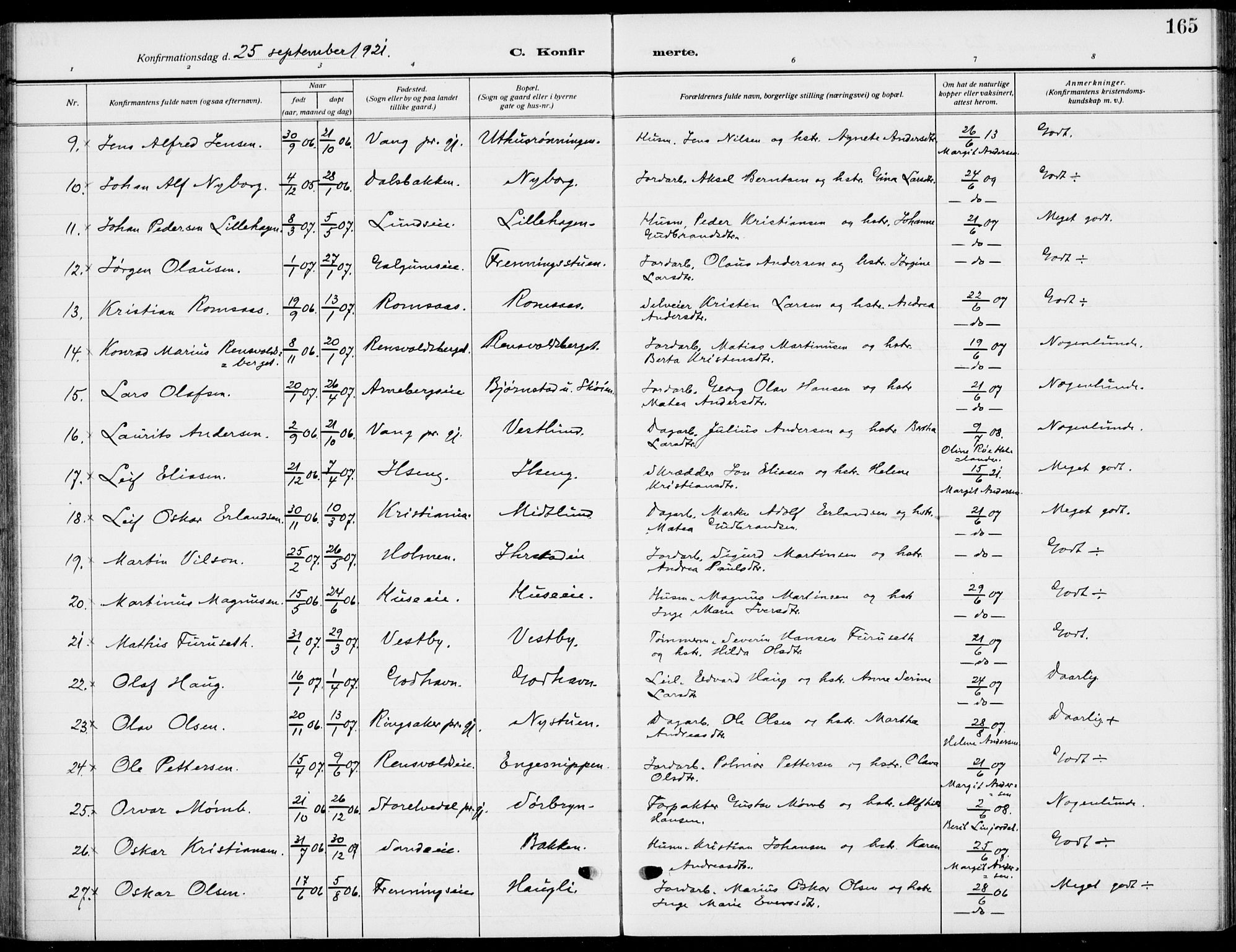 Romedal prestekontor, AV/SAH-PREST-004/K/L0012: Parish register (official) no. 12, 1913-1935, p. 165