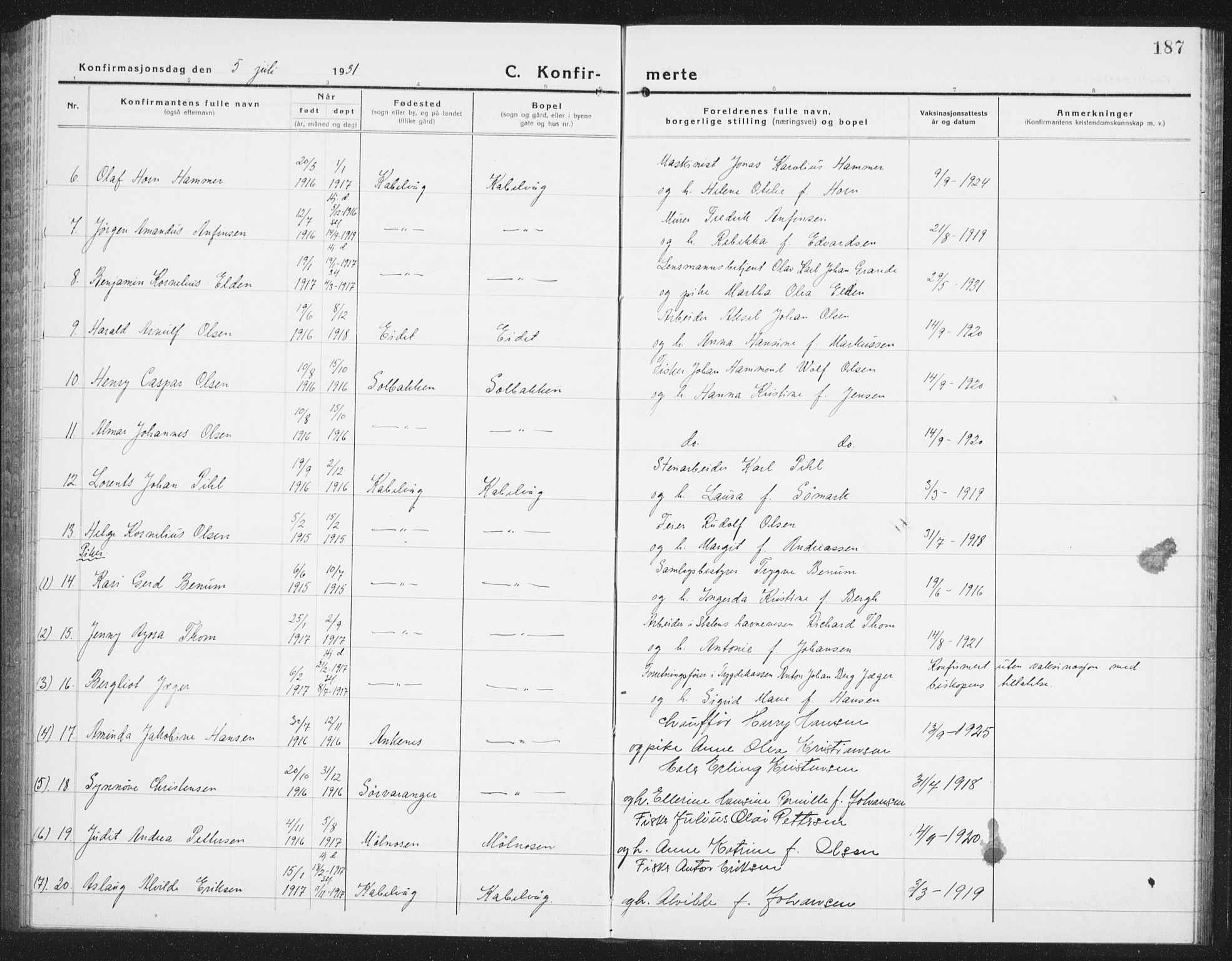 Ministerialprotokoller, klokkerbøker og fødselsregistre - Nordland, AV/SAT-A-1459/874/L1081: Parish register (copy) no. 874C10, 1925-1941, p. 187