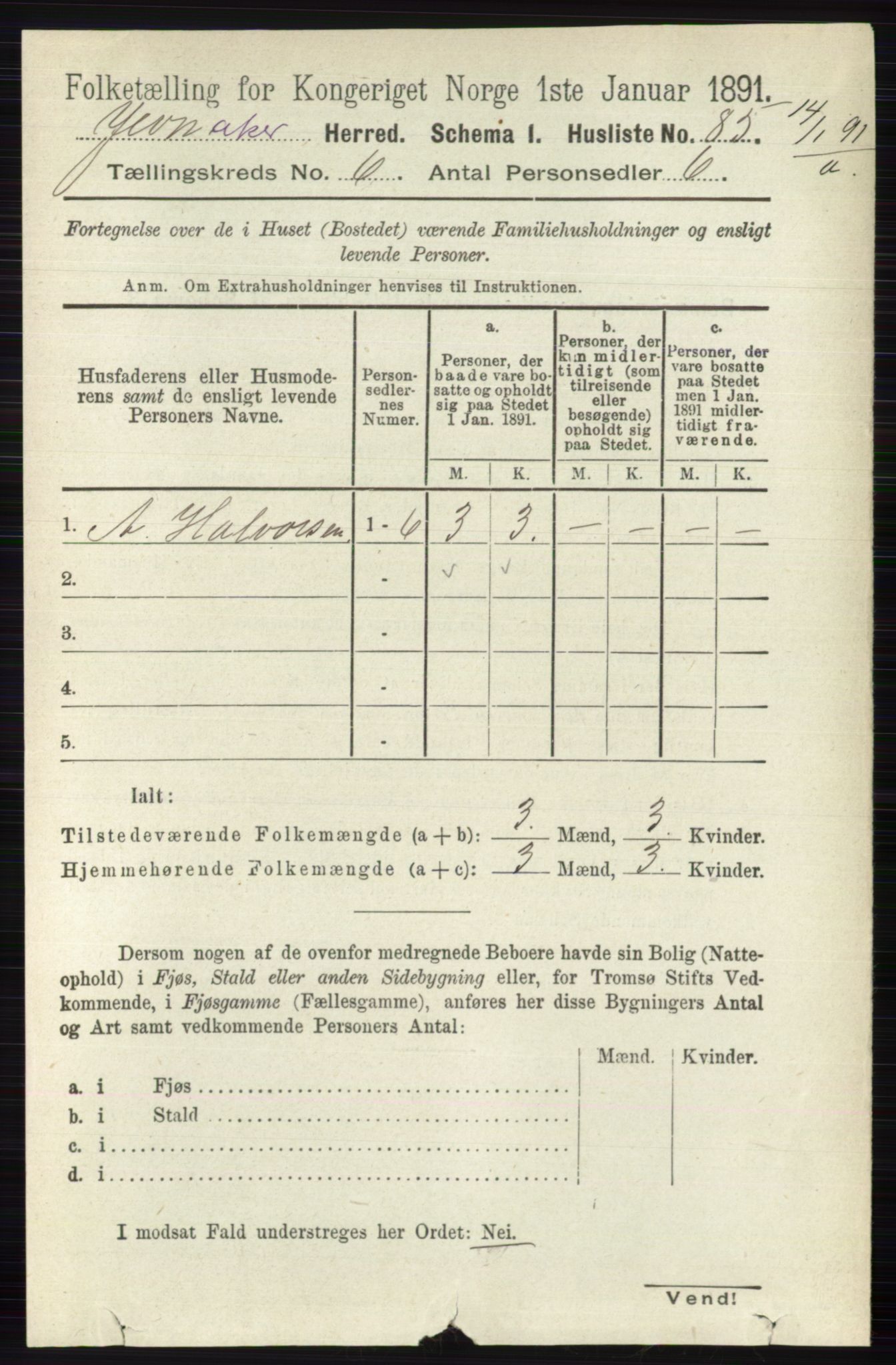 RA, 1891 census for 0532 Jevnaker, 1891, p. 3098