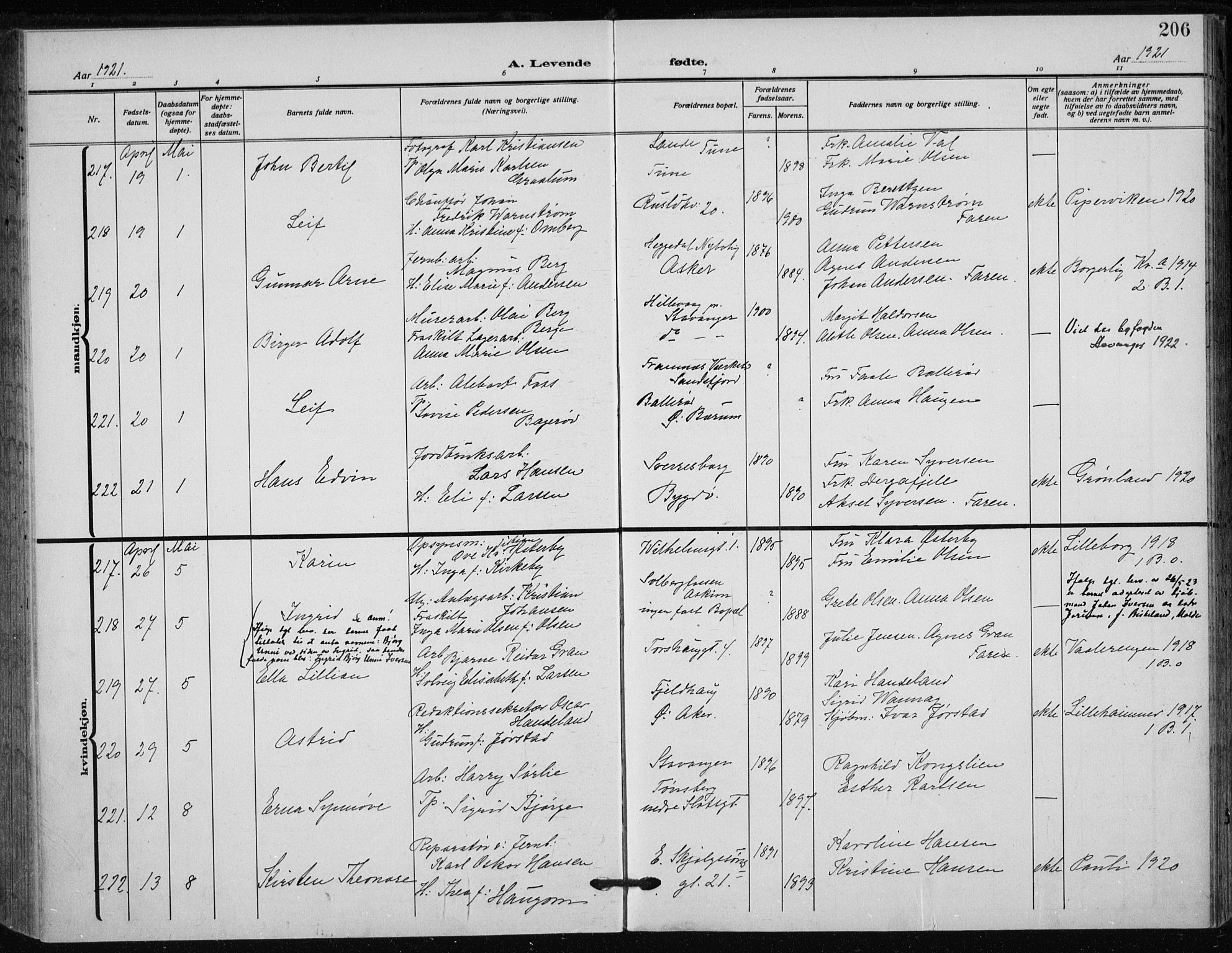 Rikshospitalet prestekontor Kirkebøker, SAO/A-10309b/F/L0017: Parish register (official) no. 17, 1919-1922, p. 206