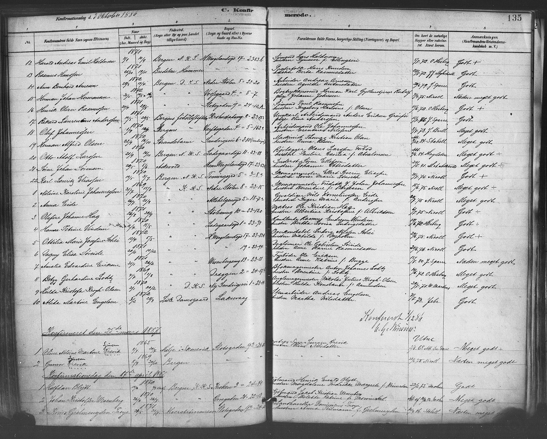 Mariakirken Sokneprestembete, SAB/A-76901/H/Haa/L0007: Parish register (official) no. A 7, 1878-1893, p. 135