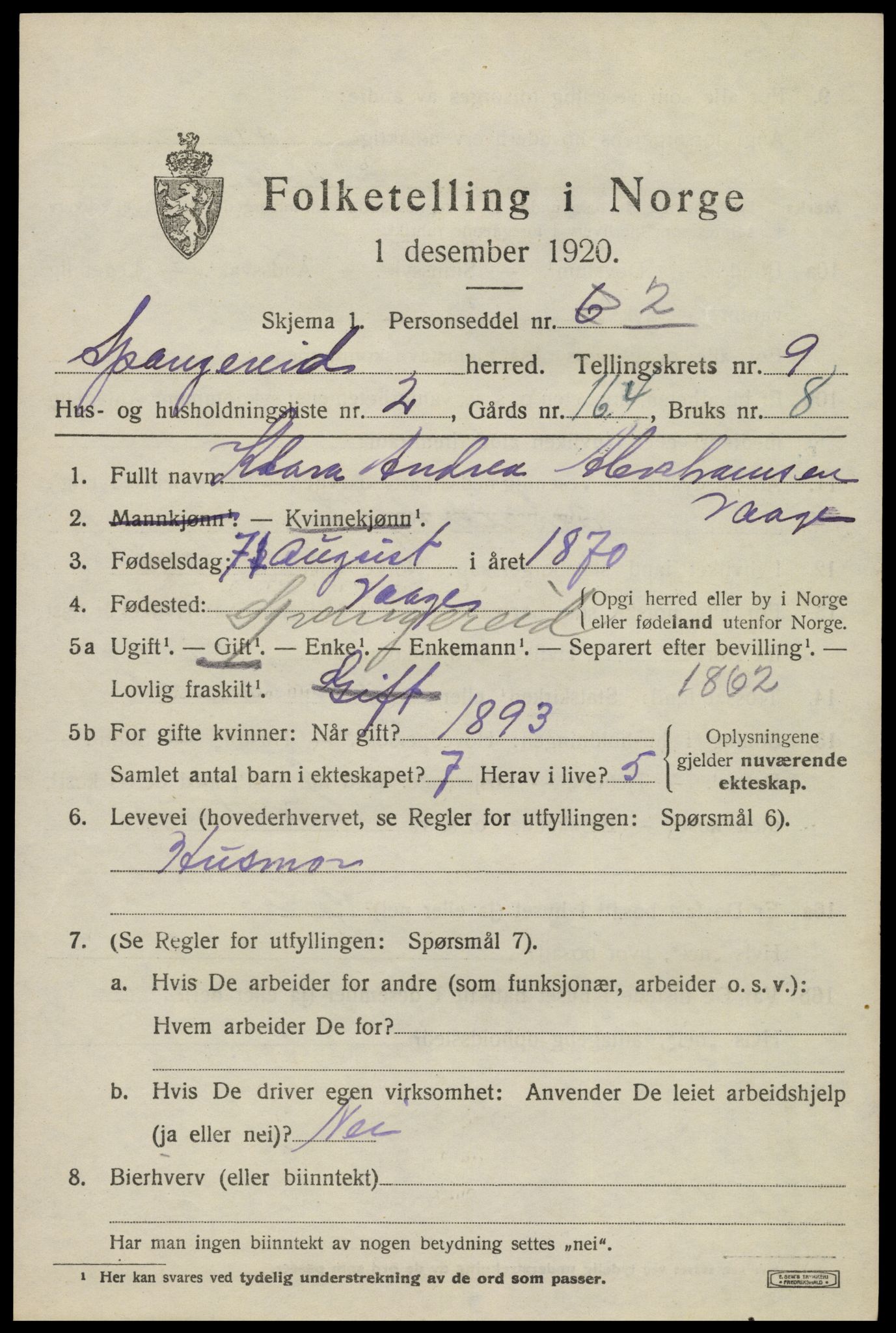 SAK, 1920 census for Spangereid, 1920, p. 3181