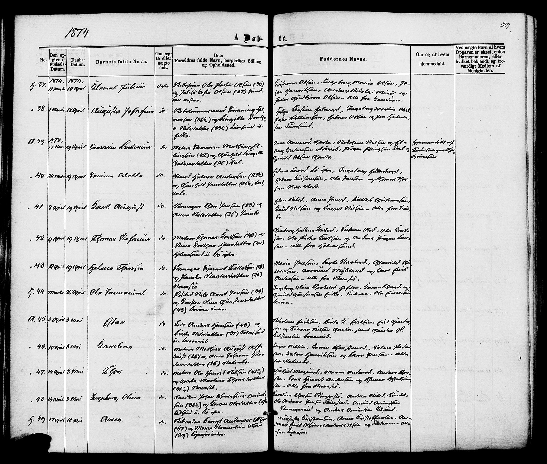 Dypvåg sokneprestkontor, AV/SAK-1111-0007/F/Fa/Faa/L0007: Parish register (official) no. A 7/ 1, 1872-1884, p. 39