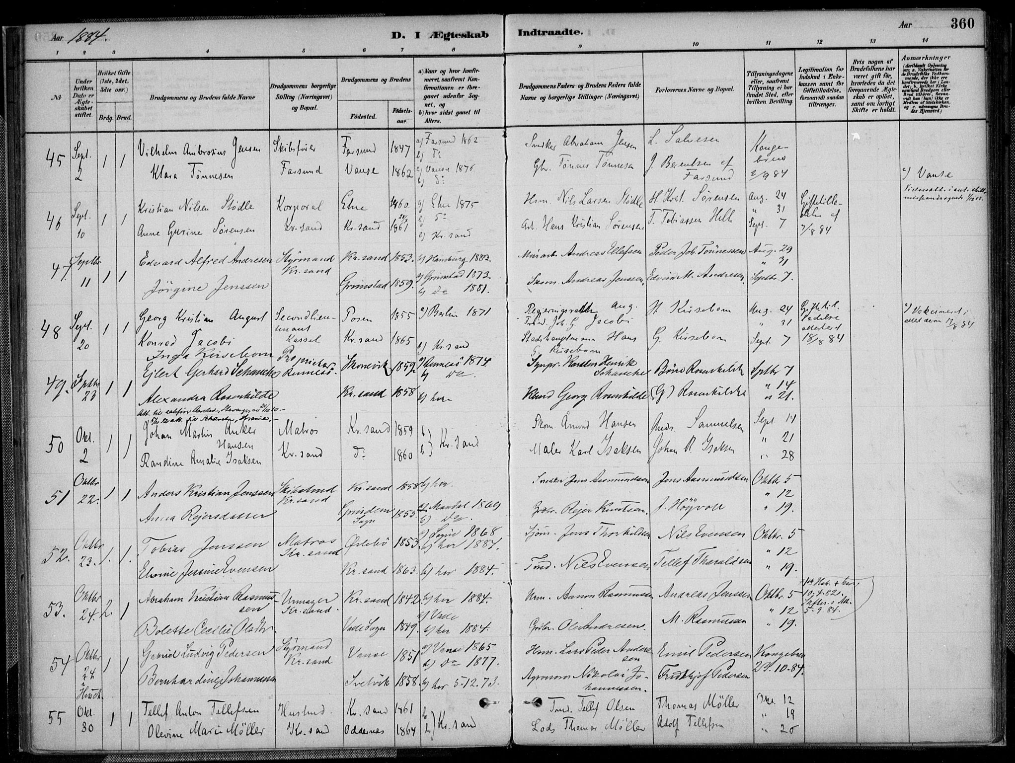 Kristiansand domprosti, AV/SAK-1112-0006/F/Fa/L0017: Parish register (official) no. A 16B, 1880-1890, p. 360