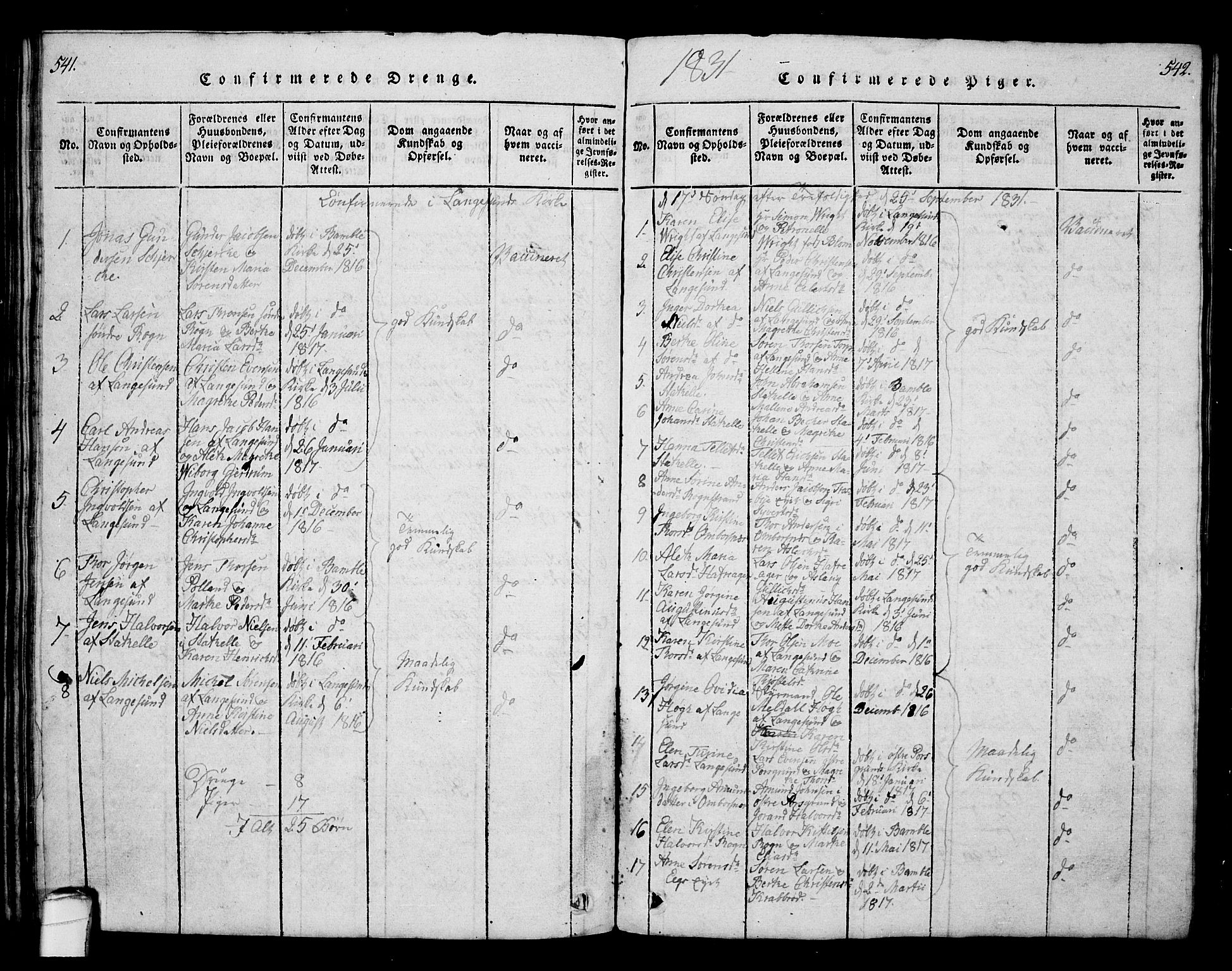 Bamble kirkebøker, SAKO/A-253/G/Ga/L0005: Parish register (copy) no. I 5, 1814-1855, p. 541-542