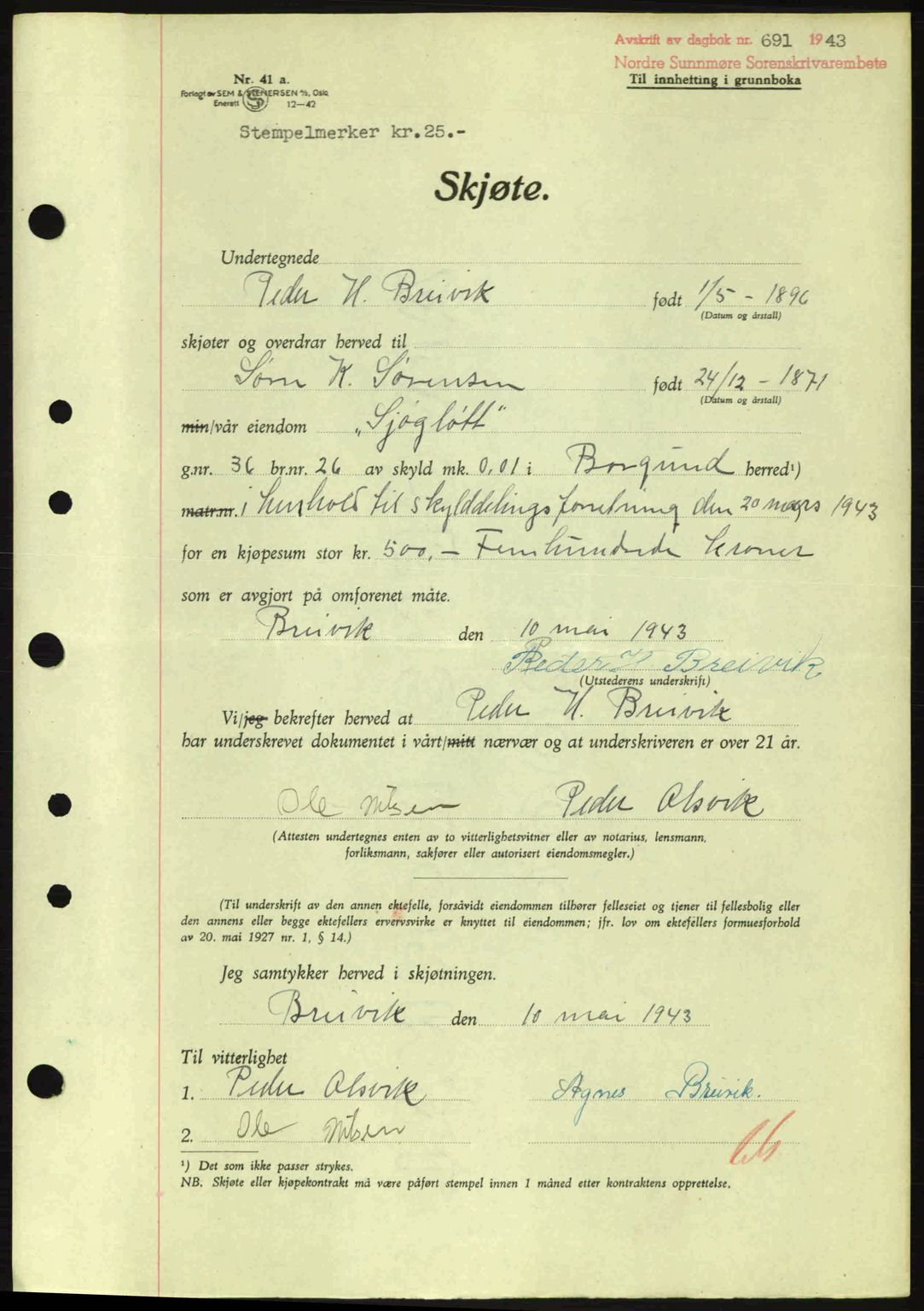 Nordre Sunnmøre sorenskriveri, AV/SAT-A-0006/1/2/2C/2Ca: Mortgage book no. A15, 1942-1943, Diary no: : 691/1943