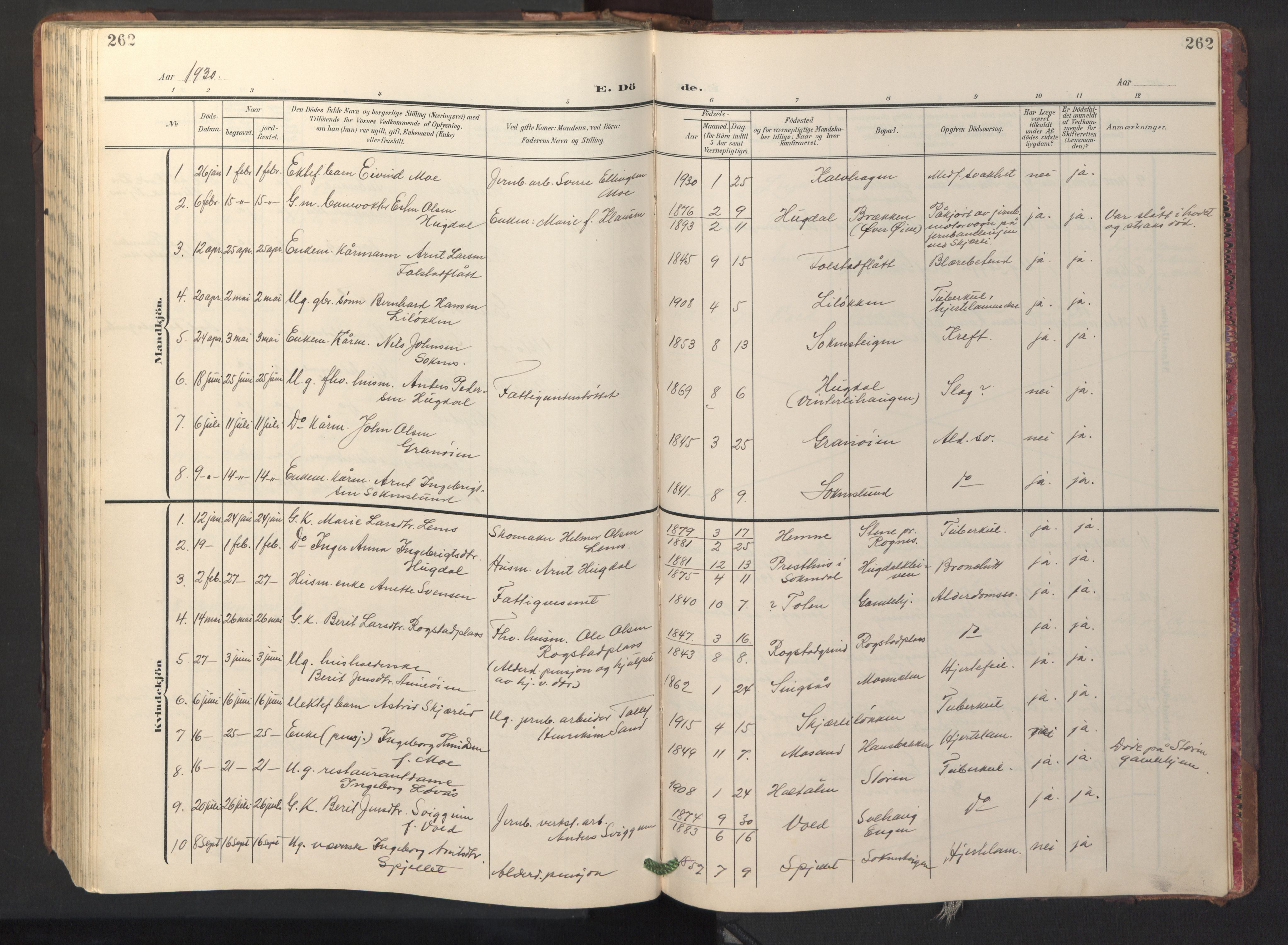 Ministerialprotokoller, klokkerbøker og fødselsregistre - Sør-Trøndelag, SAT/A-1456/687/L1019: Parish register (copy) no. 687C03, 1904-1931, p. 262