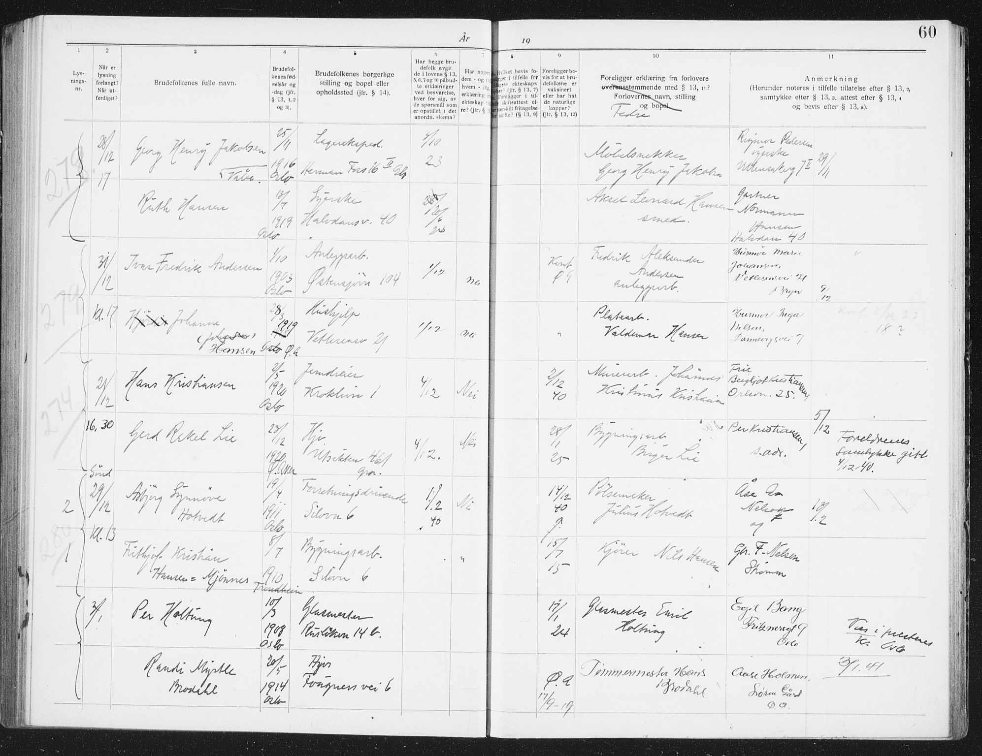 Østre Aker prestekontor Kirkebøker, AV/SAO-A-10840/H/Ha/L0009: Banns register no. I 9, 1939-1942, p. 60