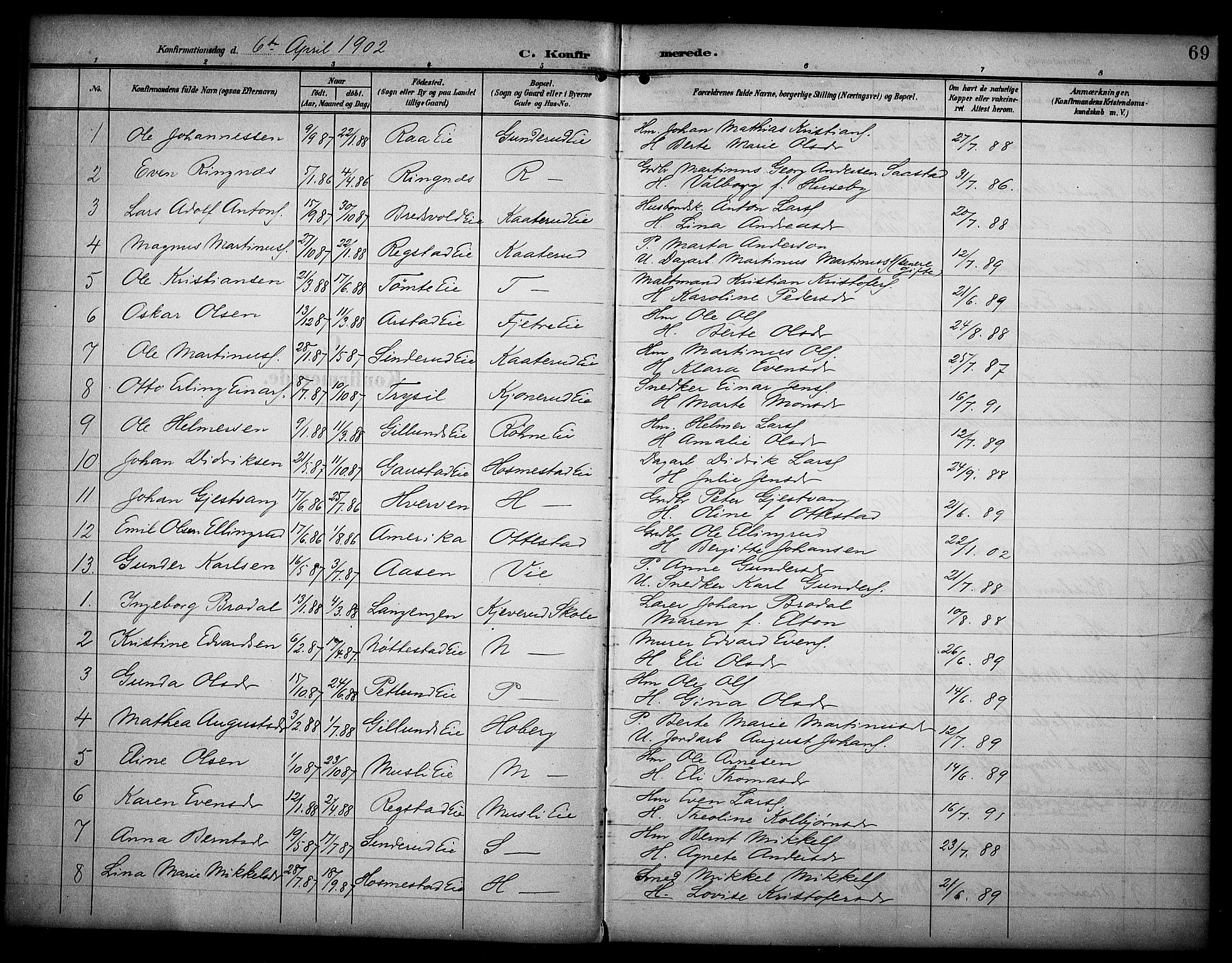 Stange prestekontor, SAH/PREST-002/K/L0022: Parish register (official) no. 22, 1903-1914, p. 69