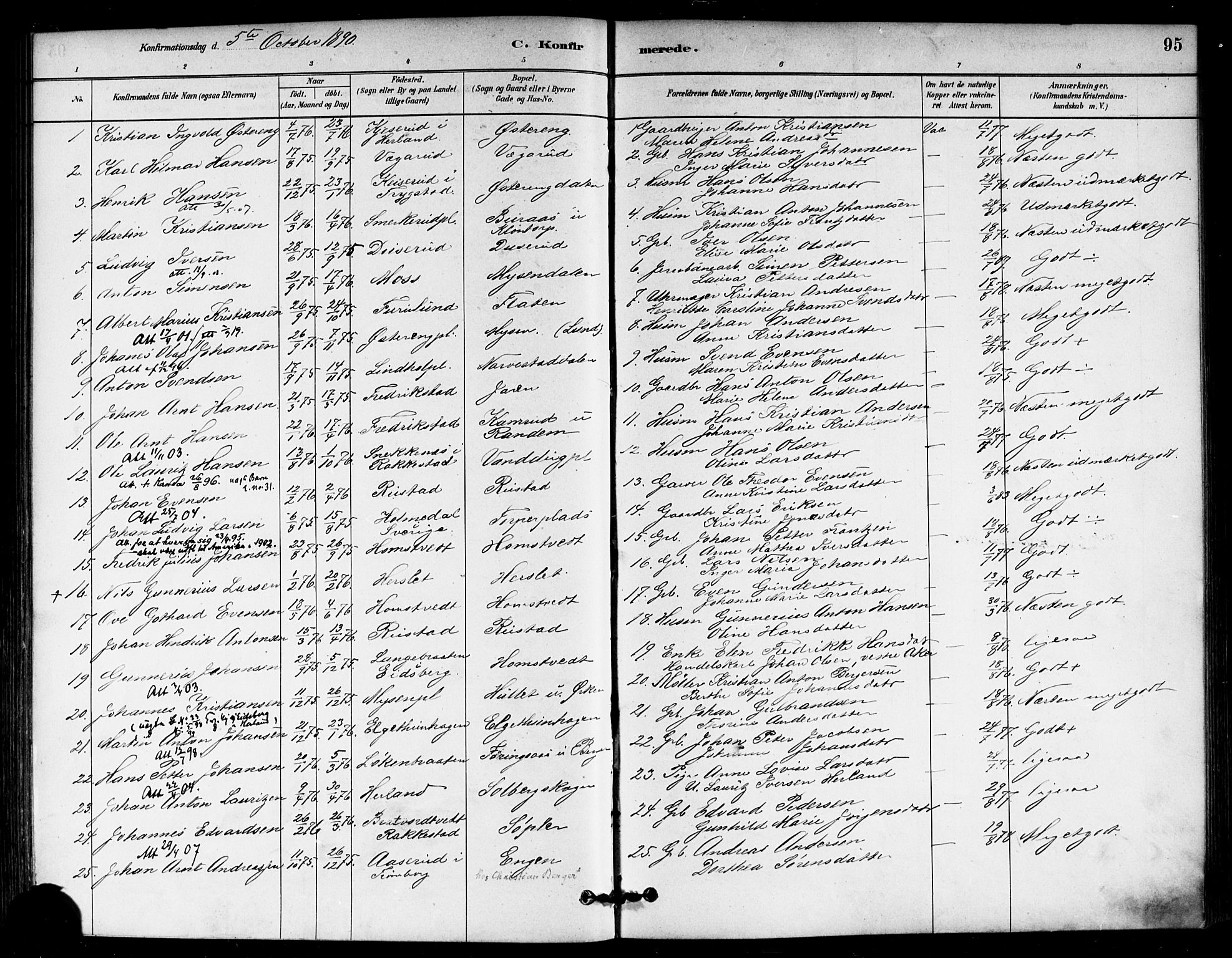 Eidsberg prestekontor Kirkebøker, SAO/A-10905/F/Fb/L0001: Parish register (official) no. II 1, 1879-1900, p. 95