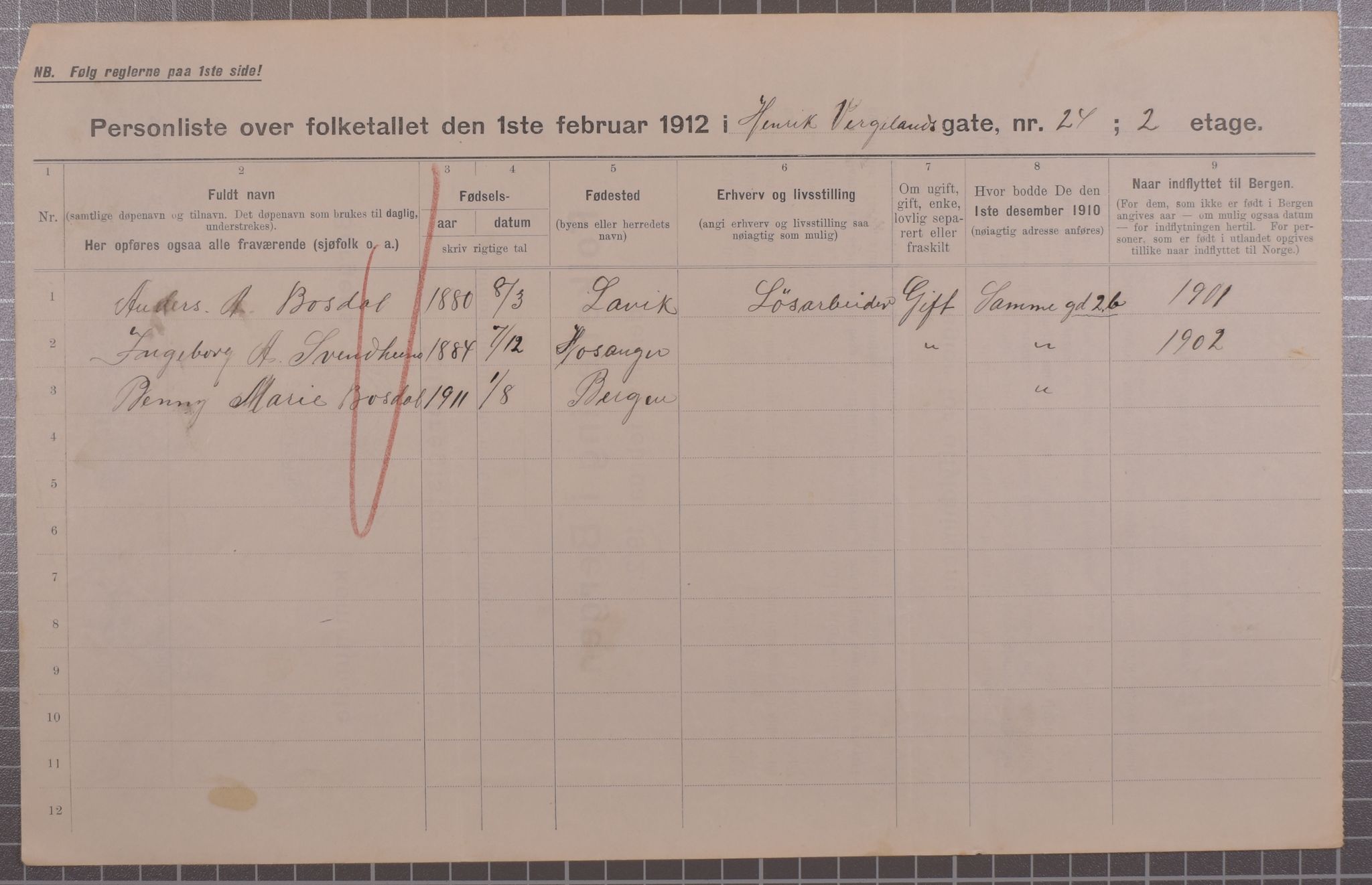 SAB, Municipal Census 1912 for Bergen, 1912, p. 2891