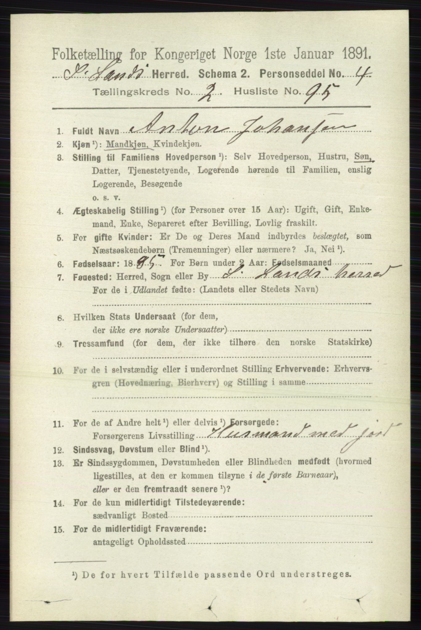 RA, 1891 census for 0536 Søndre Land, 1891, p. 1604