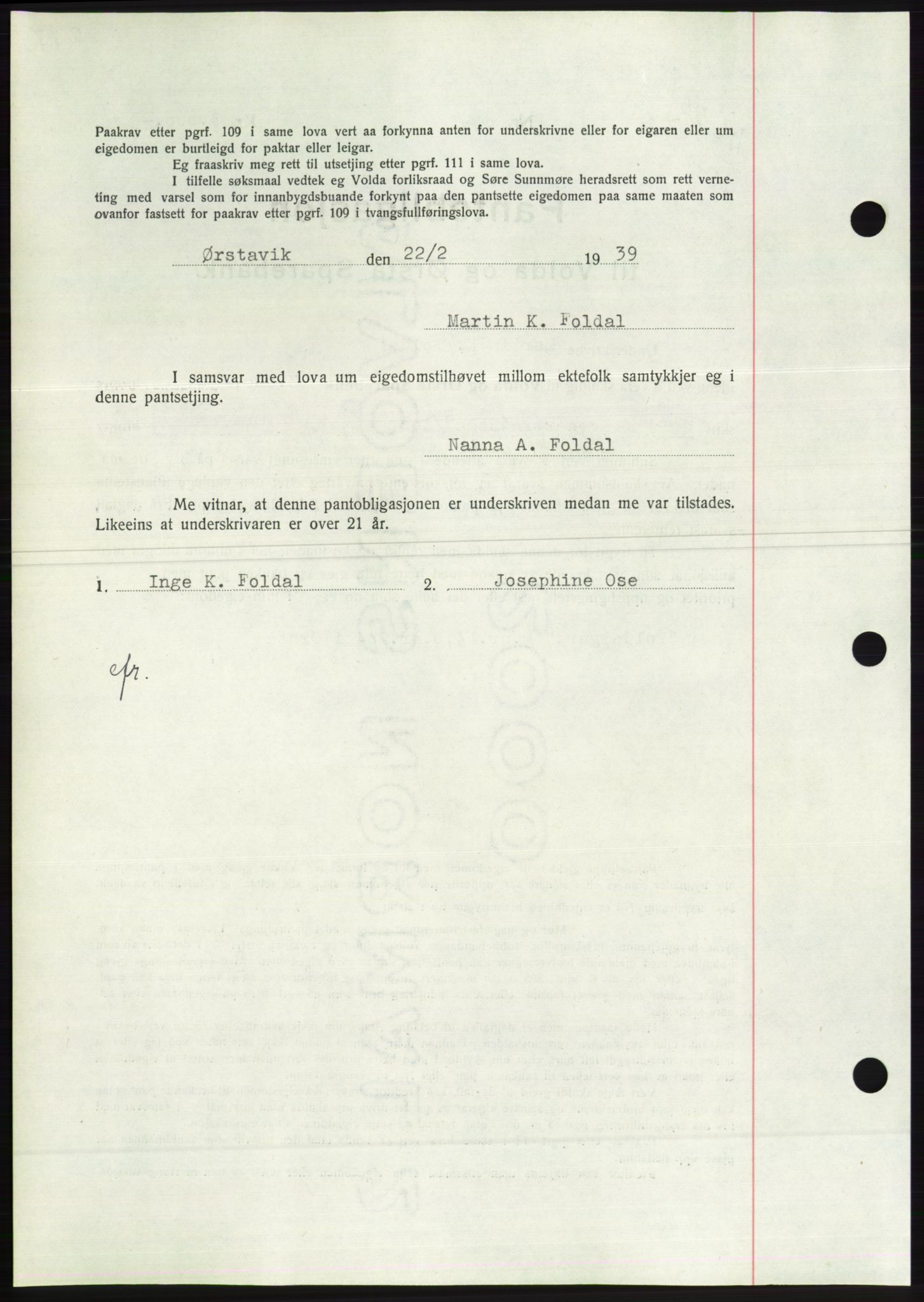 Søre Sunnmøre sorenskriveri, AV/SAT-A-4122/1/2/2C/L0067: Mortgage book no. 61, 1938-1939, Diary no: : 234/1939