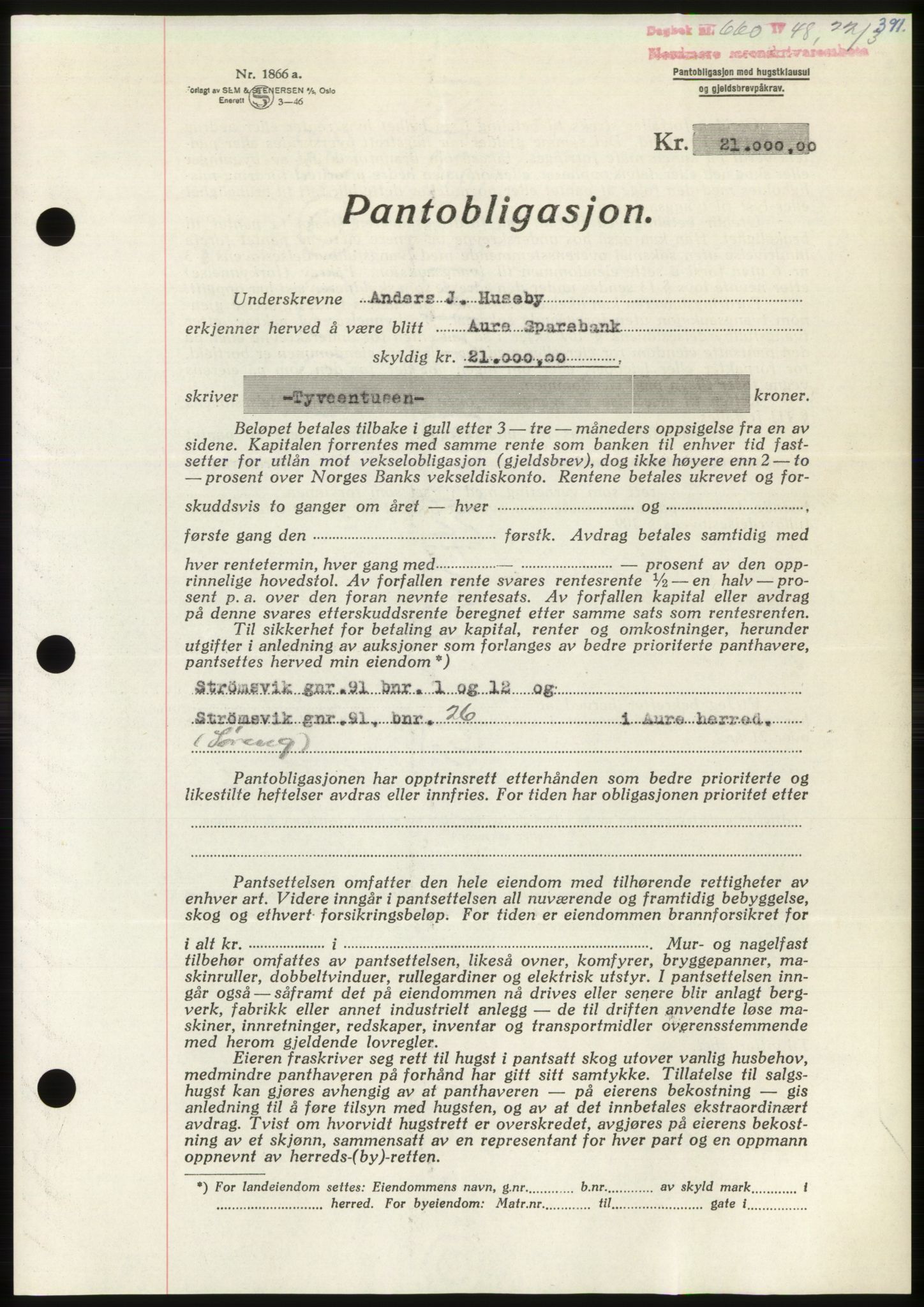 Nordmøre sorenskriveri, AV/SAT-A-4132/1/2/2Ca: Mortgage book no. B98, 1948-1948, Diary no: : 660/1948