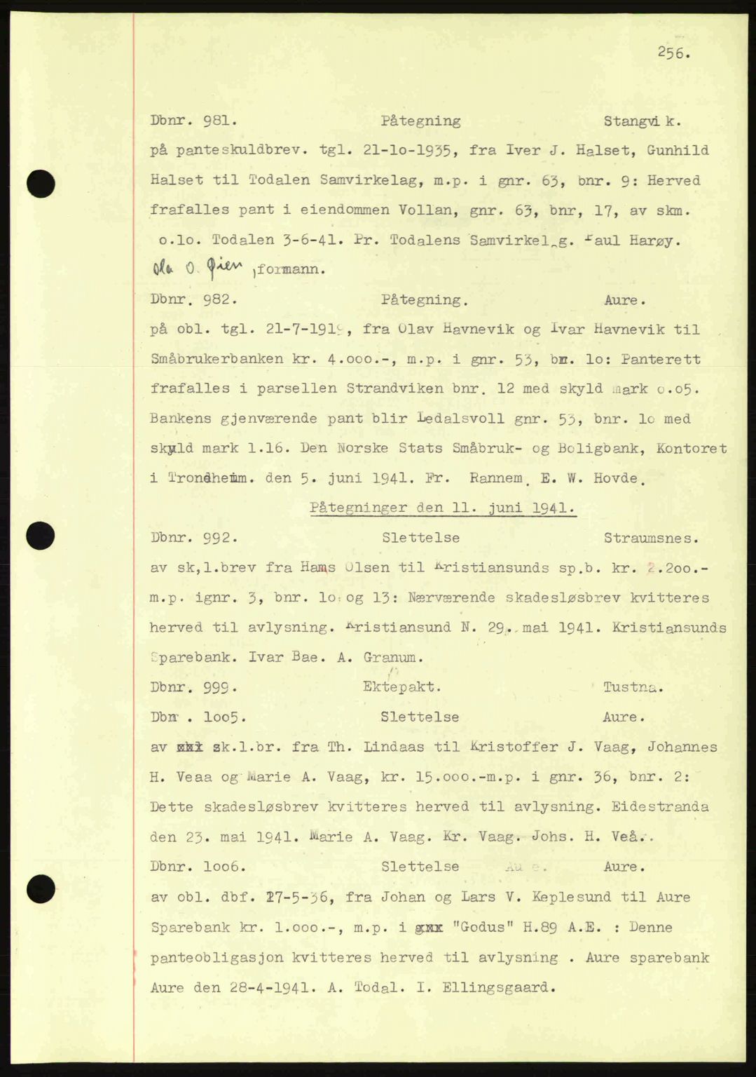 Nordmøre sorenskriveri, AV/SAT-A-4132/1/2/2Ca: Mortgage book no. C81, 1940-1945, Diary no: : 981/1941