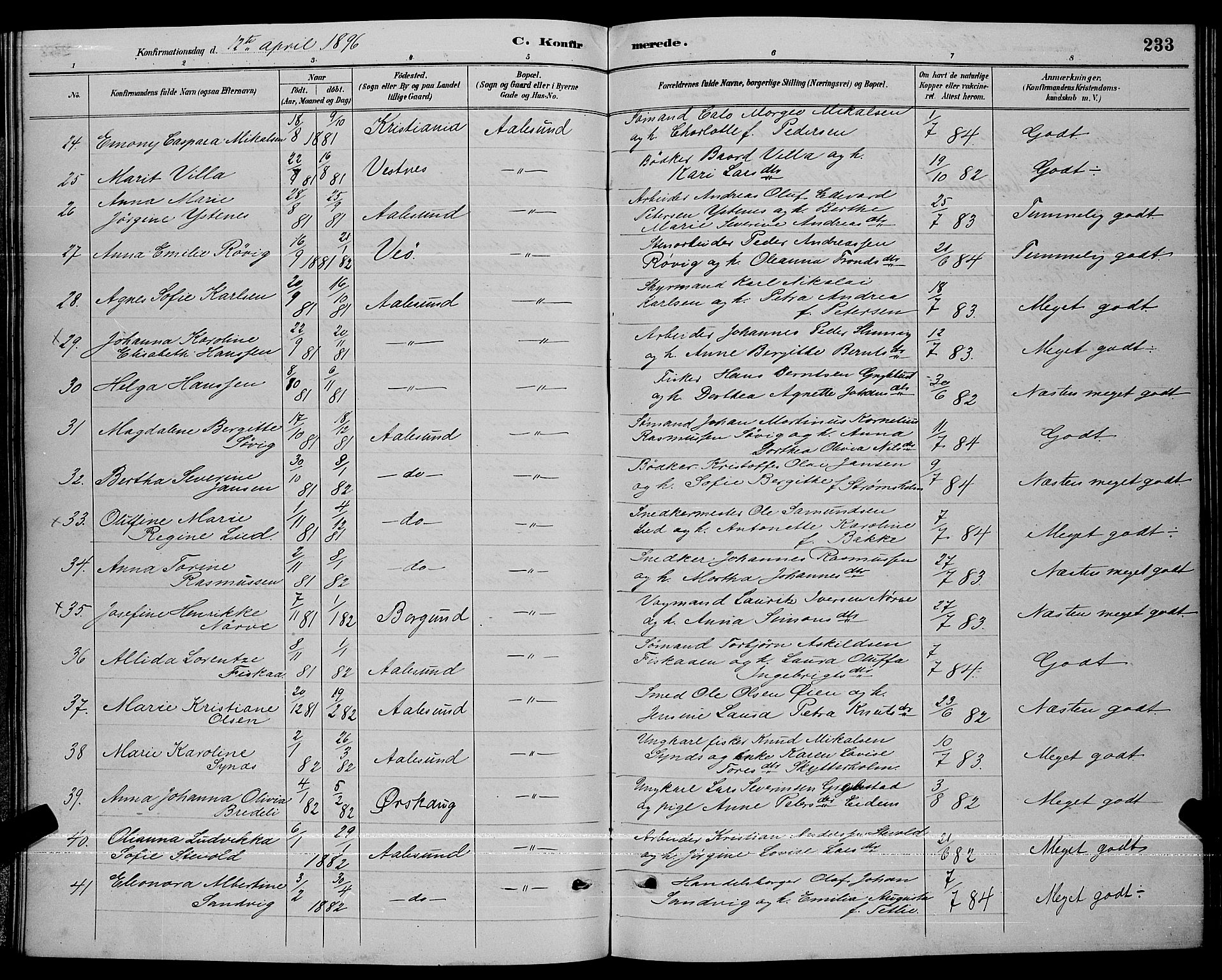 Ministerialprotokoller, klokkerbøker og fødselsregistre - Møre og Romsdal, AV/SAT-A-1454/529/L0467: Parish register (copy) no. 529C04, 1889-1897, p. 233