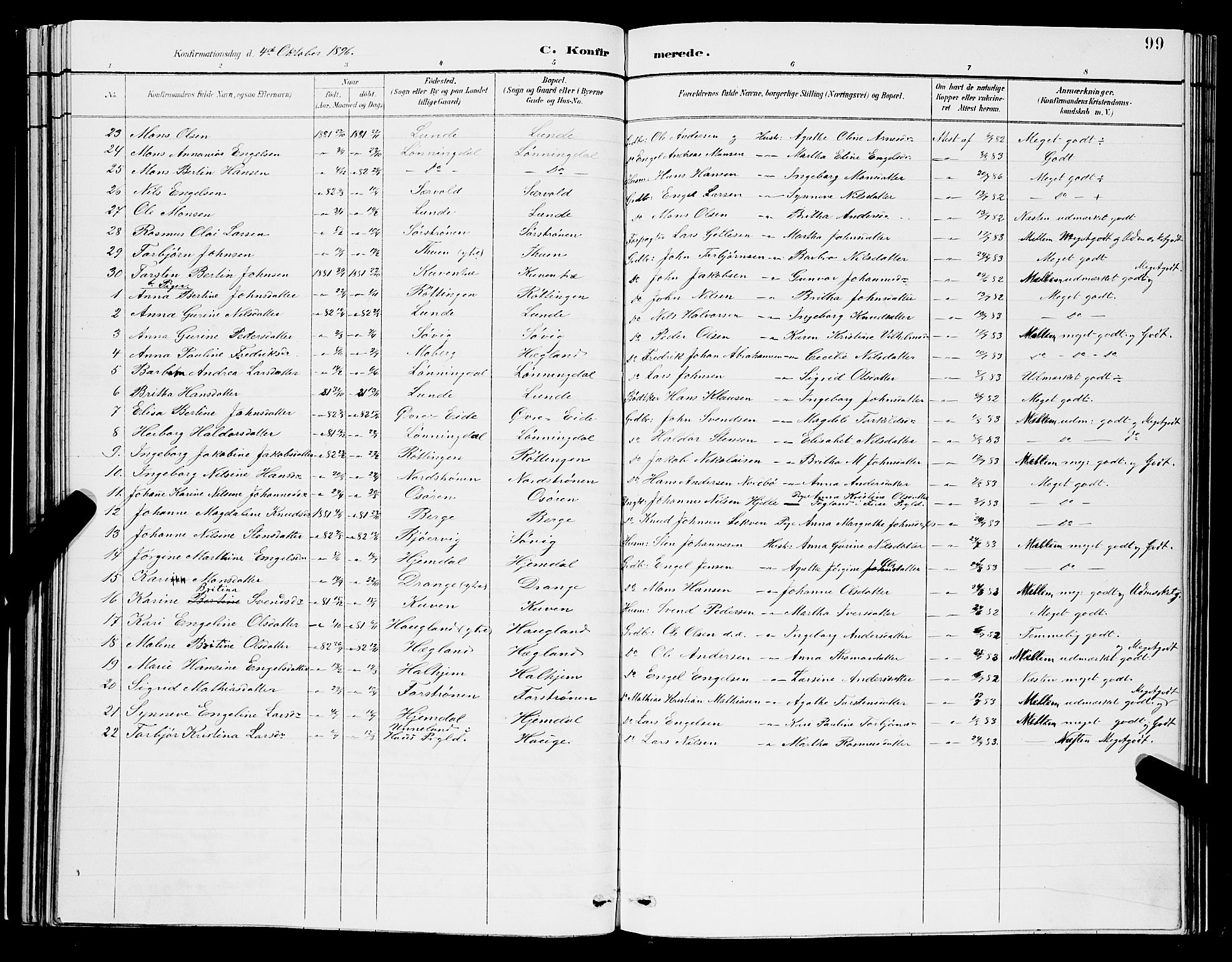 Os sokneprestembete, AV/SAB-A-99929: Parish register (copy) no. A 2, 1880-1896, p. 99