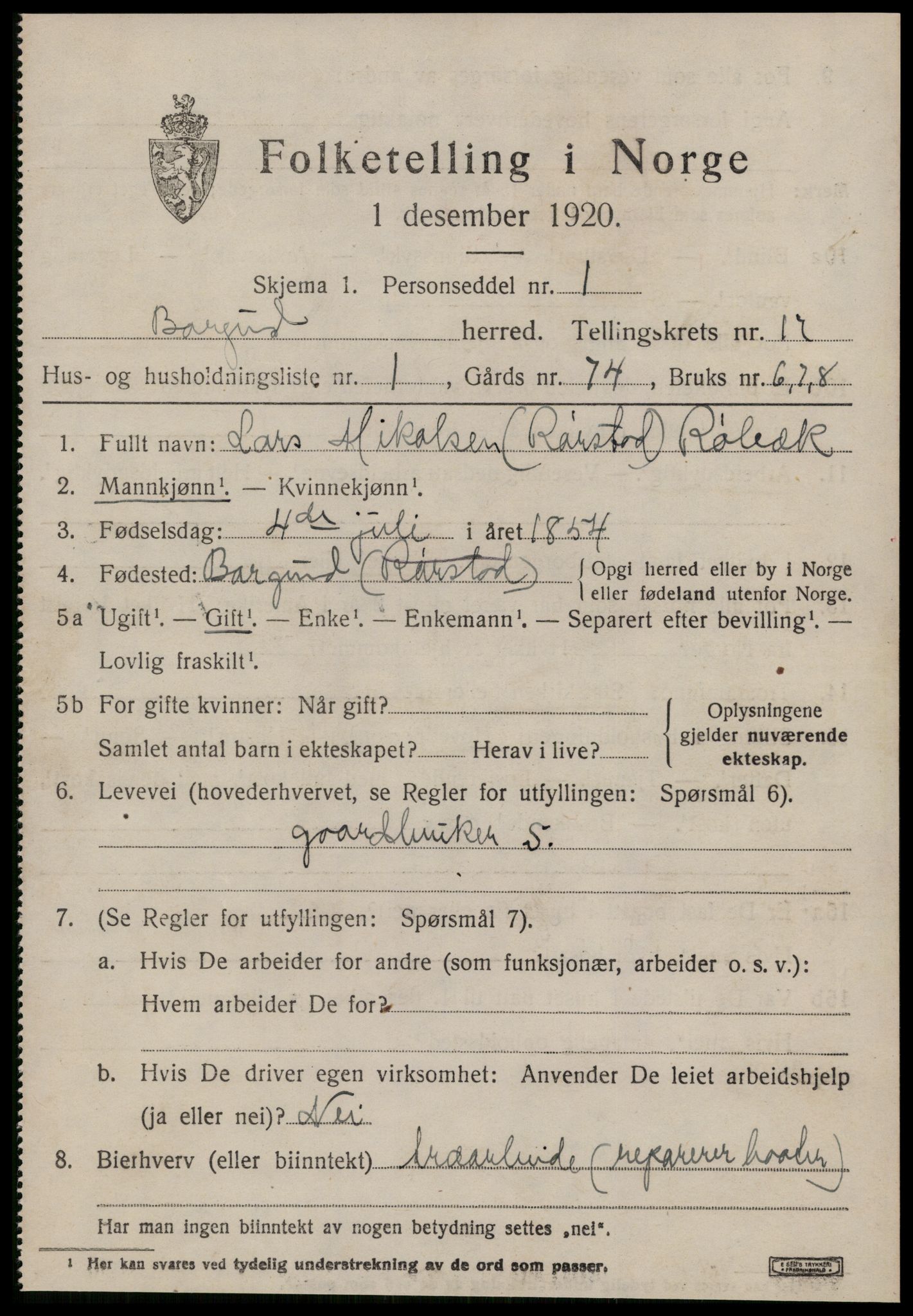 SAT, 1920 census for Borgund, 1920, p. 12540