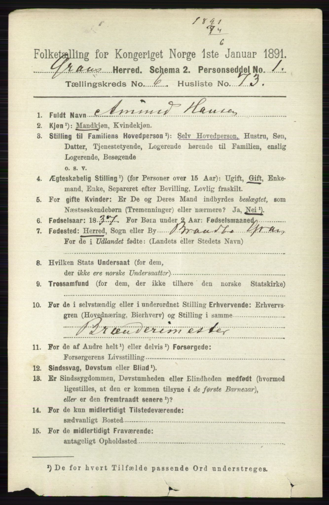 RA, 1891 census for 0534 Gran, 1891, p. 2709