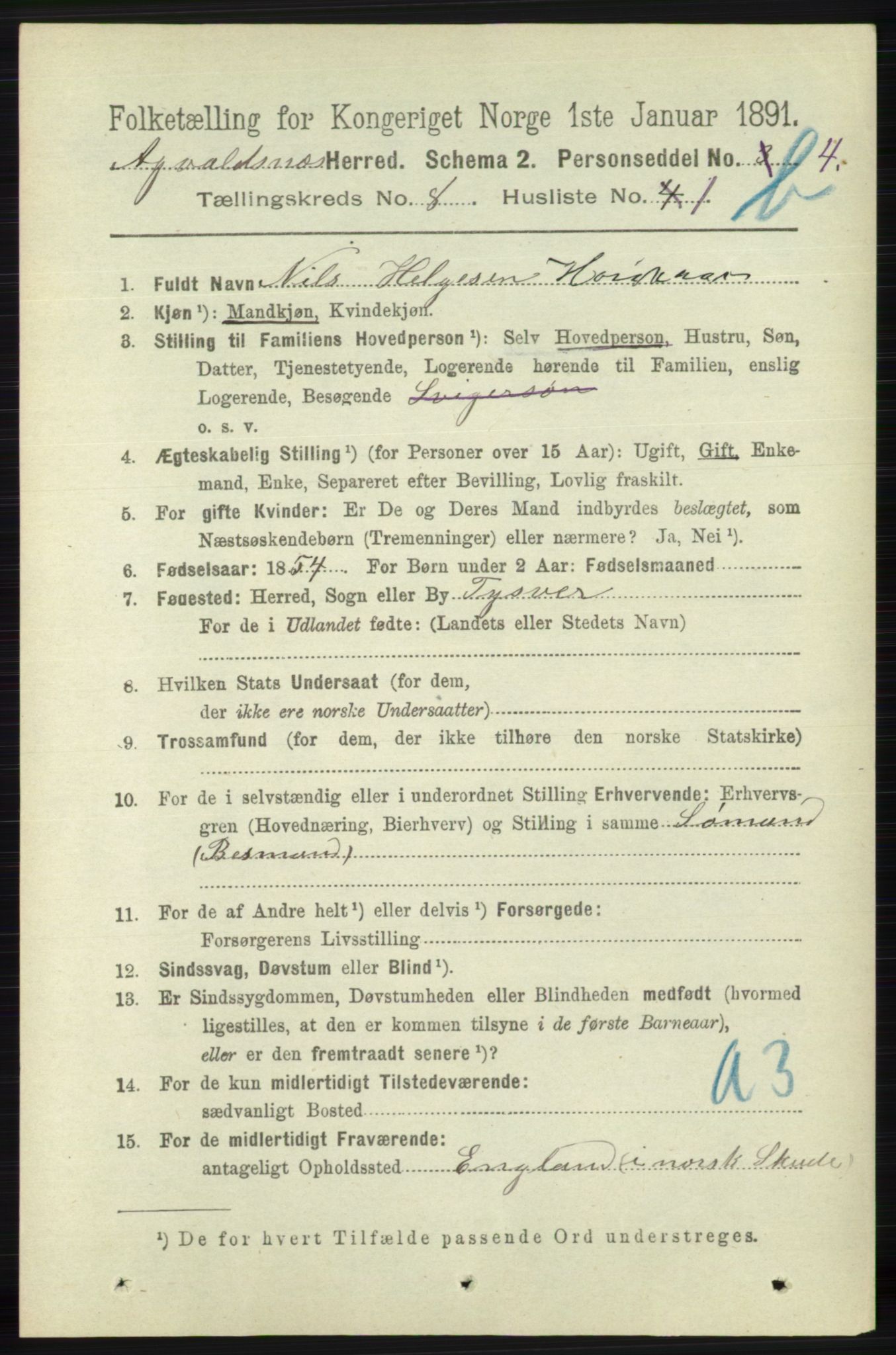 RA, 1891 census for 1147 Avaldsnes, 1891, p. 4209