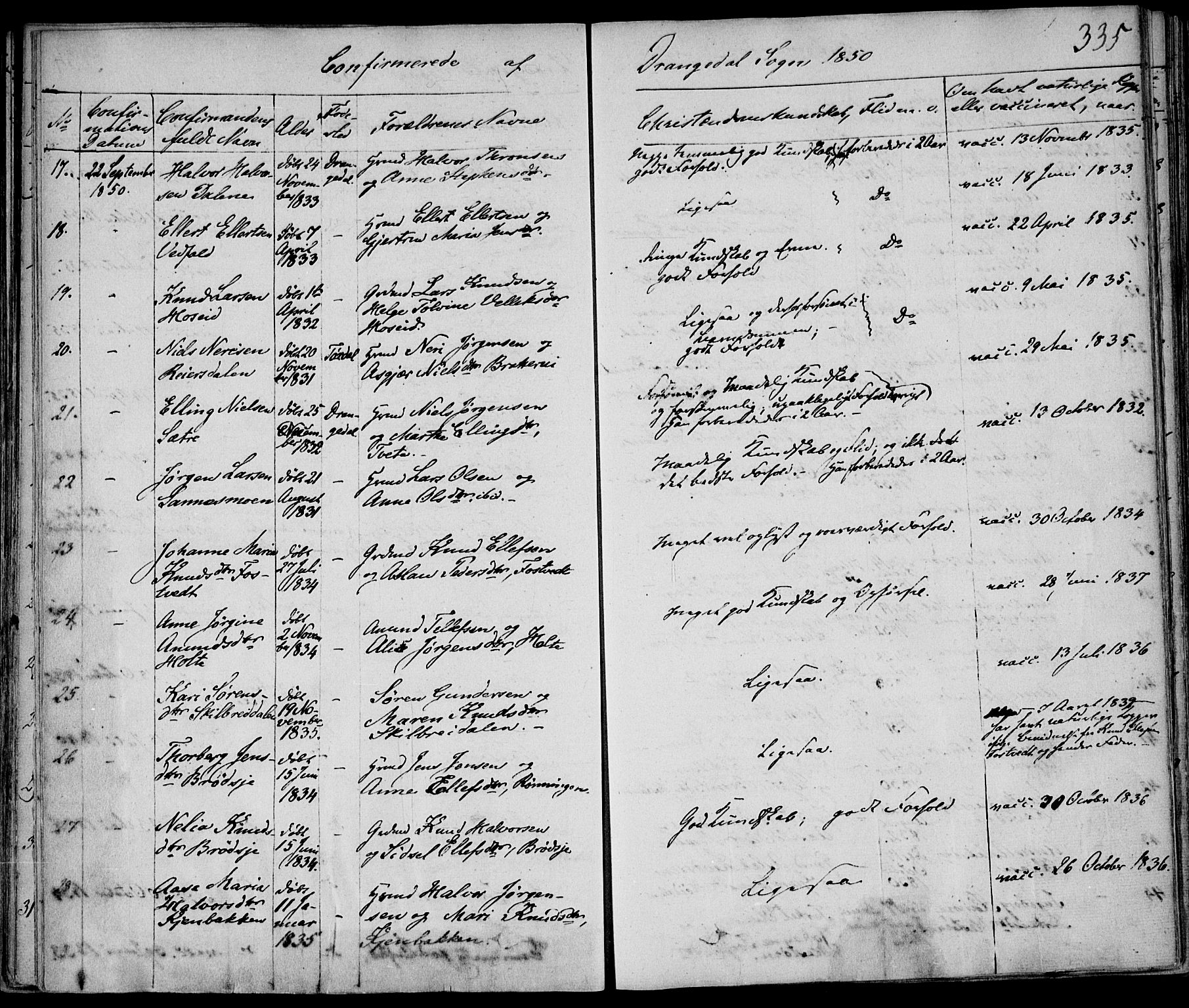 Drangedal kirkebøker, AV/SAKO-A-258/F/Fa/L0007a: Parish register (official) no. 7a, 1837-1856, p. 335