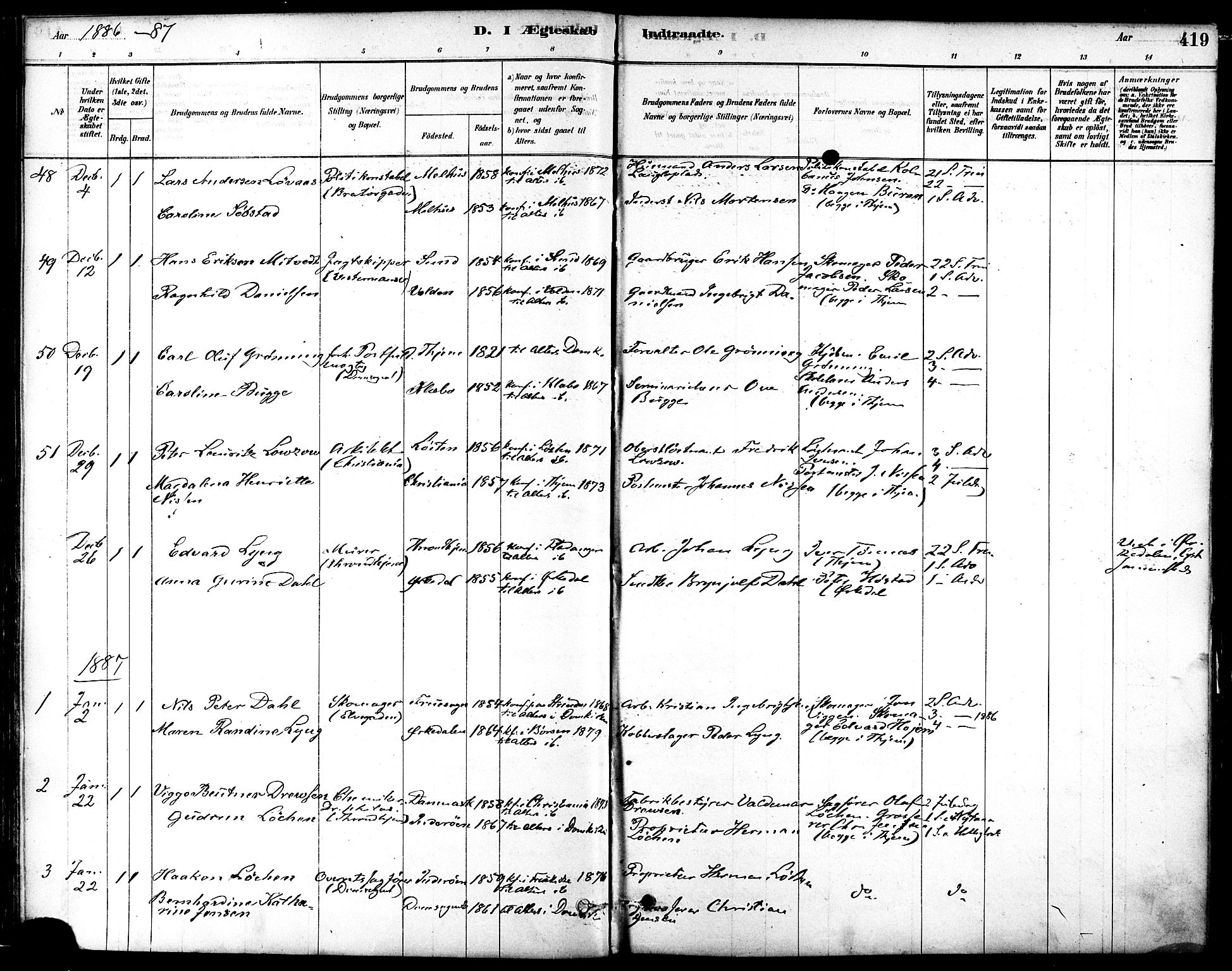 Ministerialprotokoller, klokkerbøker og fødselsregistre - Sør-Trøndelag, SAT/A-1456/601/L0058: Parish register (official) no. 601A26, 1877-1891, p. 419