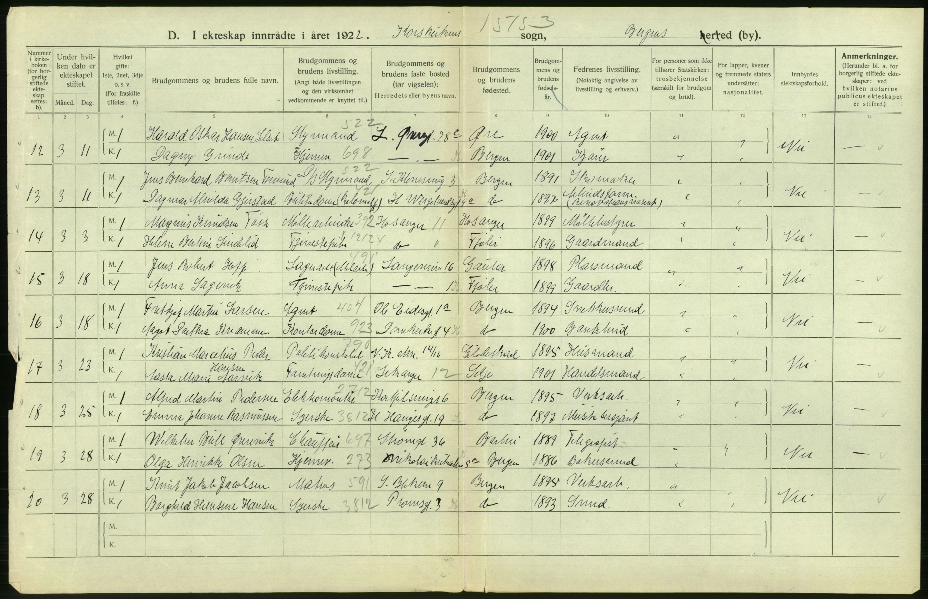 Statistisk sentralbyrå, Sosiodemografiske emner, Befolkning, AV/RA-S-2228/D/Df/Dfc/Dfcb/L0030: Bergen: Gifte, døde, dødfødte., 1922, p. 220