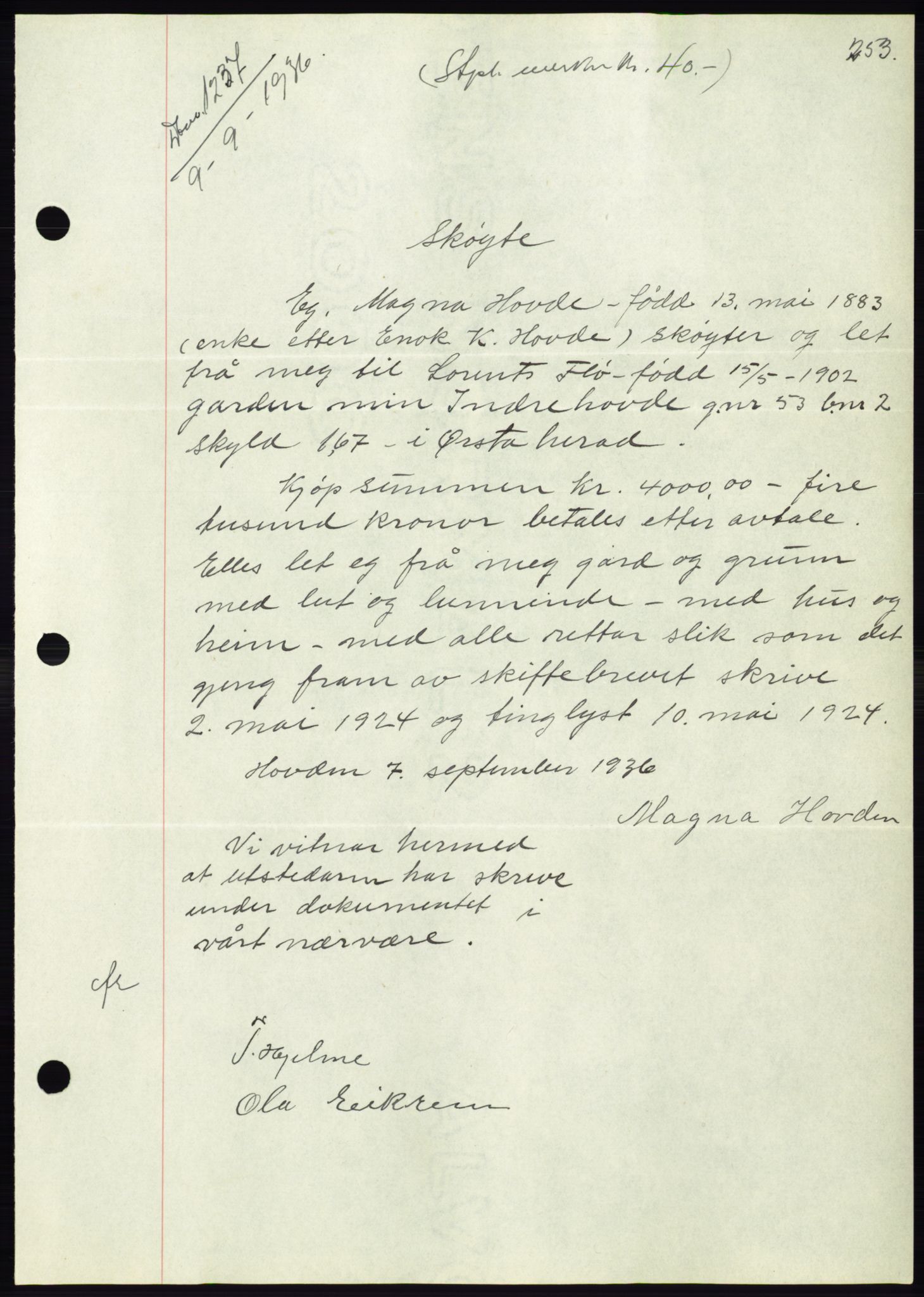 Søre Sunnmøre sorenskriveri, AV/SAT-A-4122/1/2/2C/L0061: Mortgage book no. 55, 1936-1936, Diary no: : 1237/1936