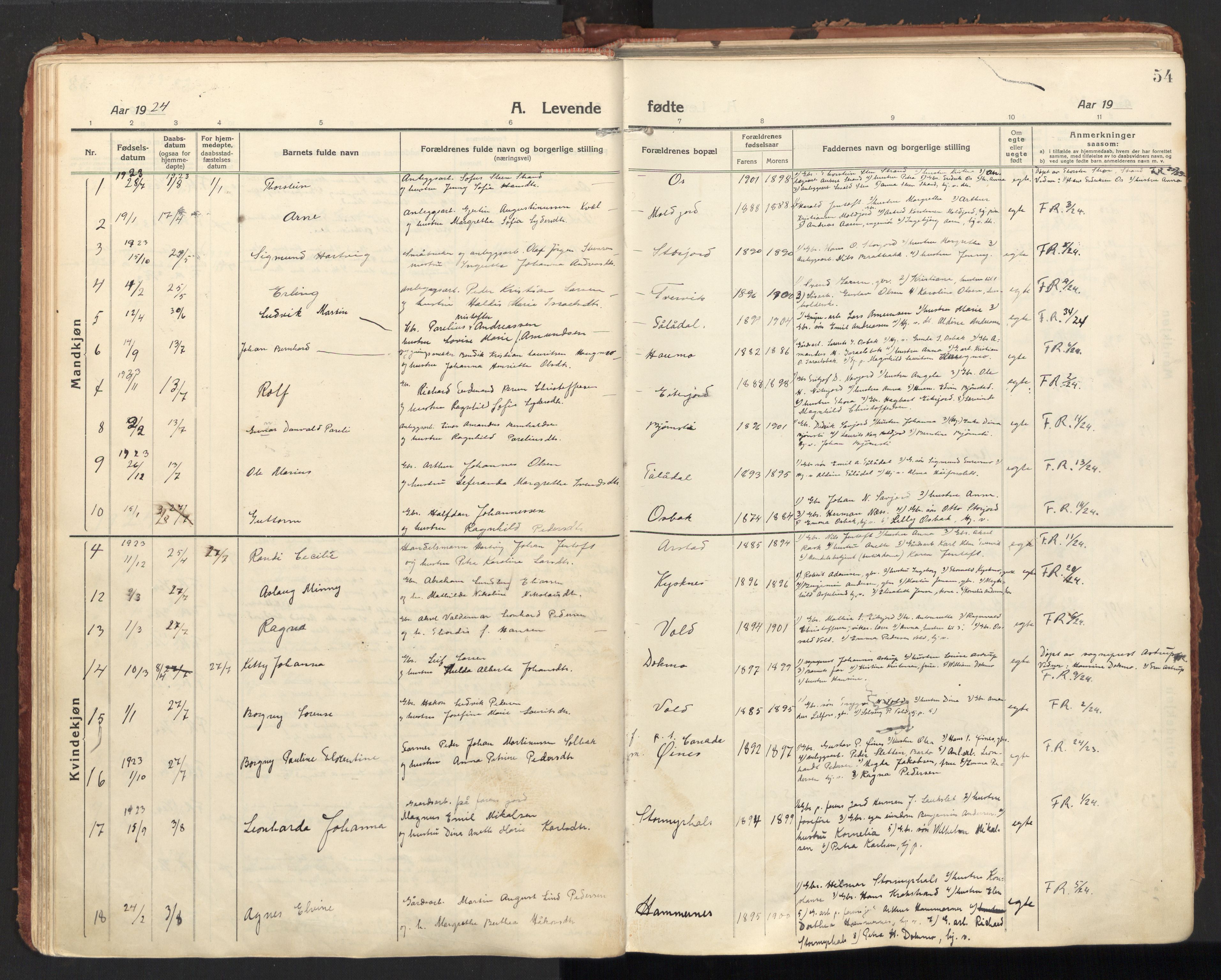 Ministerialprotokoller, klokkerbøker og fødselsregistre - Nordland, SAT/A-1459/846/L0650: Parish register (official) no. 846A08, 1916-1935, p. 54