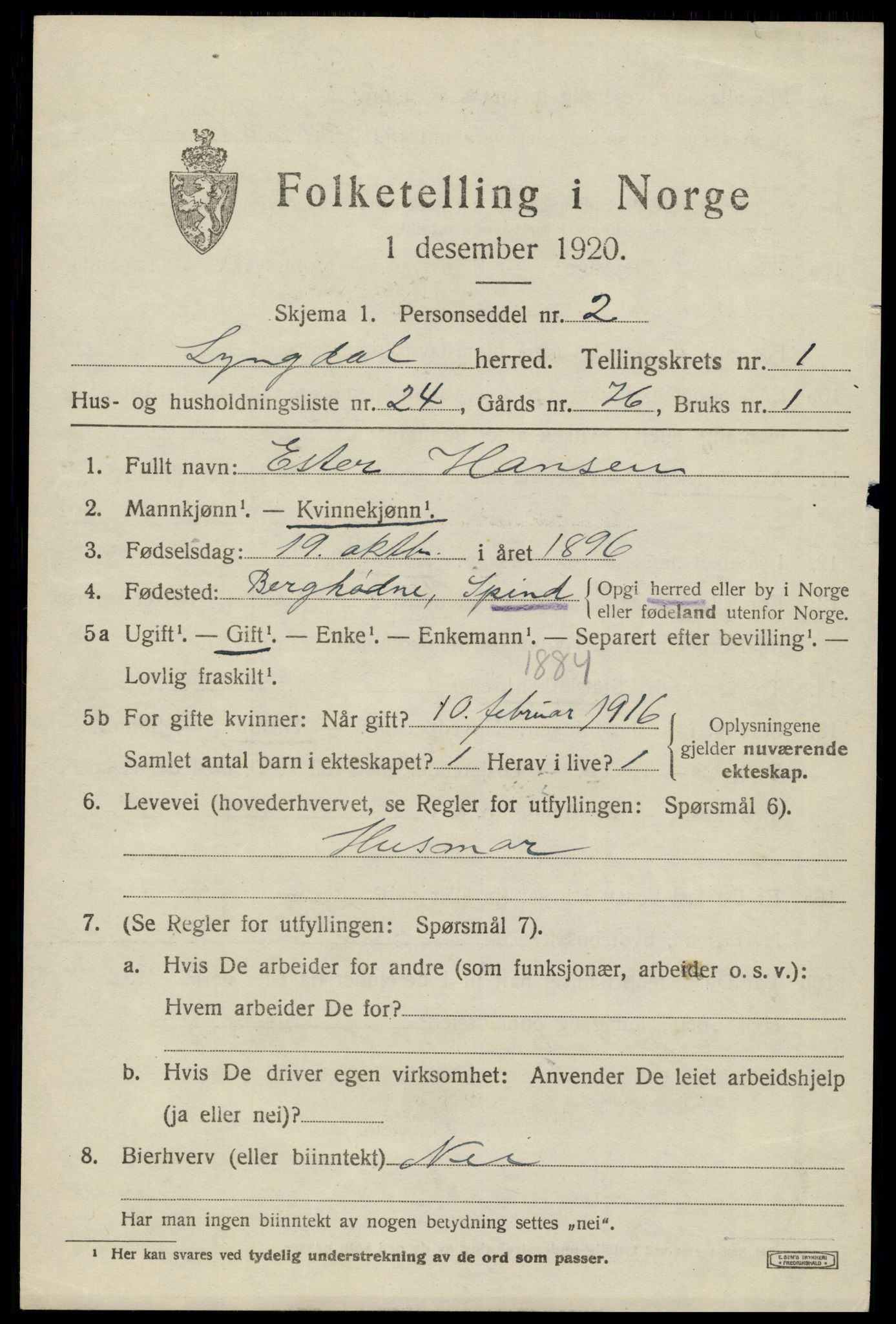 SAK, 1920 census for Lyngdal, 1920, p. 1571