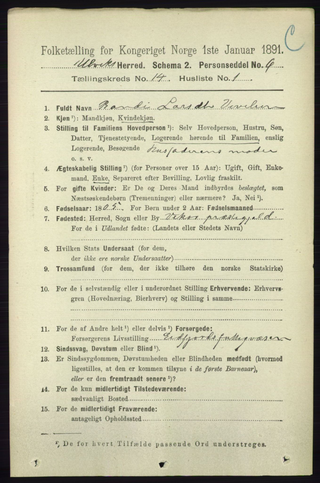 RA, 1891 census for 1233 Ulvik, 1891, p. 4280