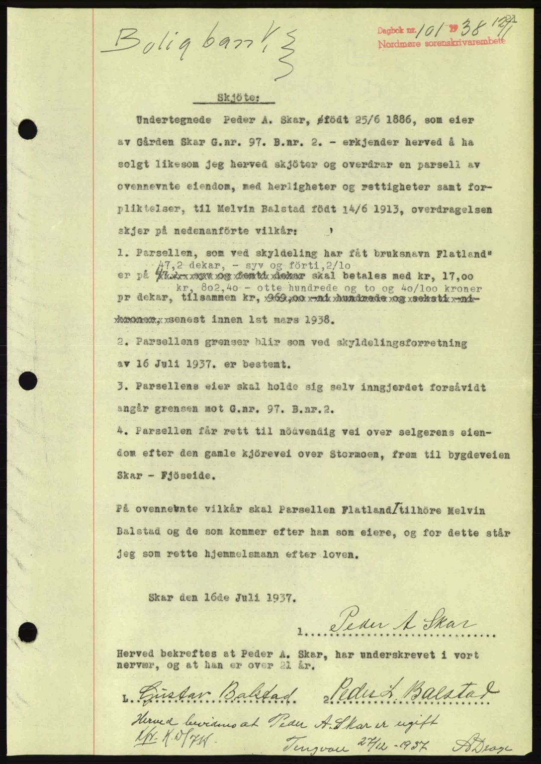 Nordmøre sorenskriveri, AV/SAT-A-4132/1/2/2Ca: Mortgage book no. A83, 1938-1938, Diary no: : 101/1938