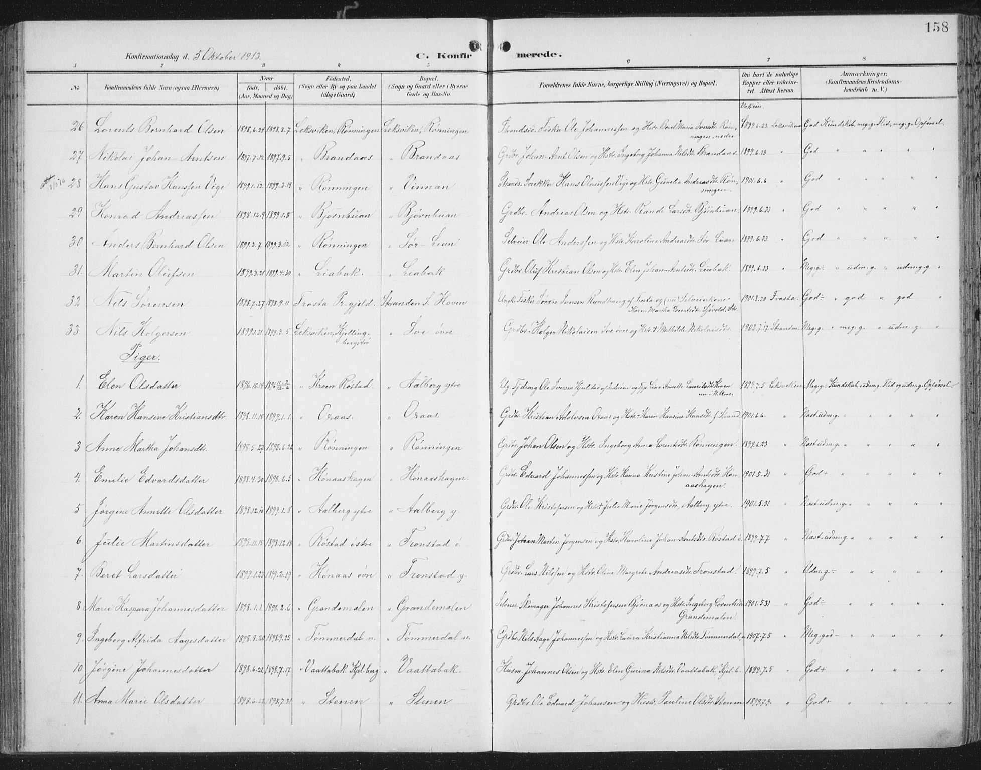 Ministerialprotokoller, klokkerbøker og fødselsregistre - Nord-Trøndelag, AV/SAT-A-1458/701/L0011: Parish register (official) no. 701A11, 1899-1915, p. 158