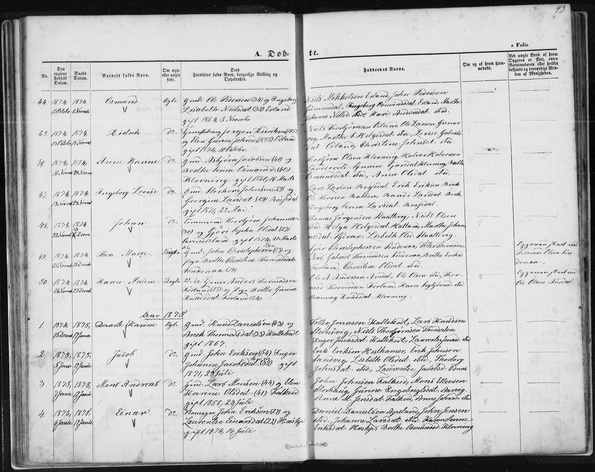 Tysvær sokneprestkontor, AV/SAST-A -101864/H/Ha/Haa/L0005: Parish register (official) no. A 5, 1865-1878, p. 43