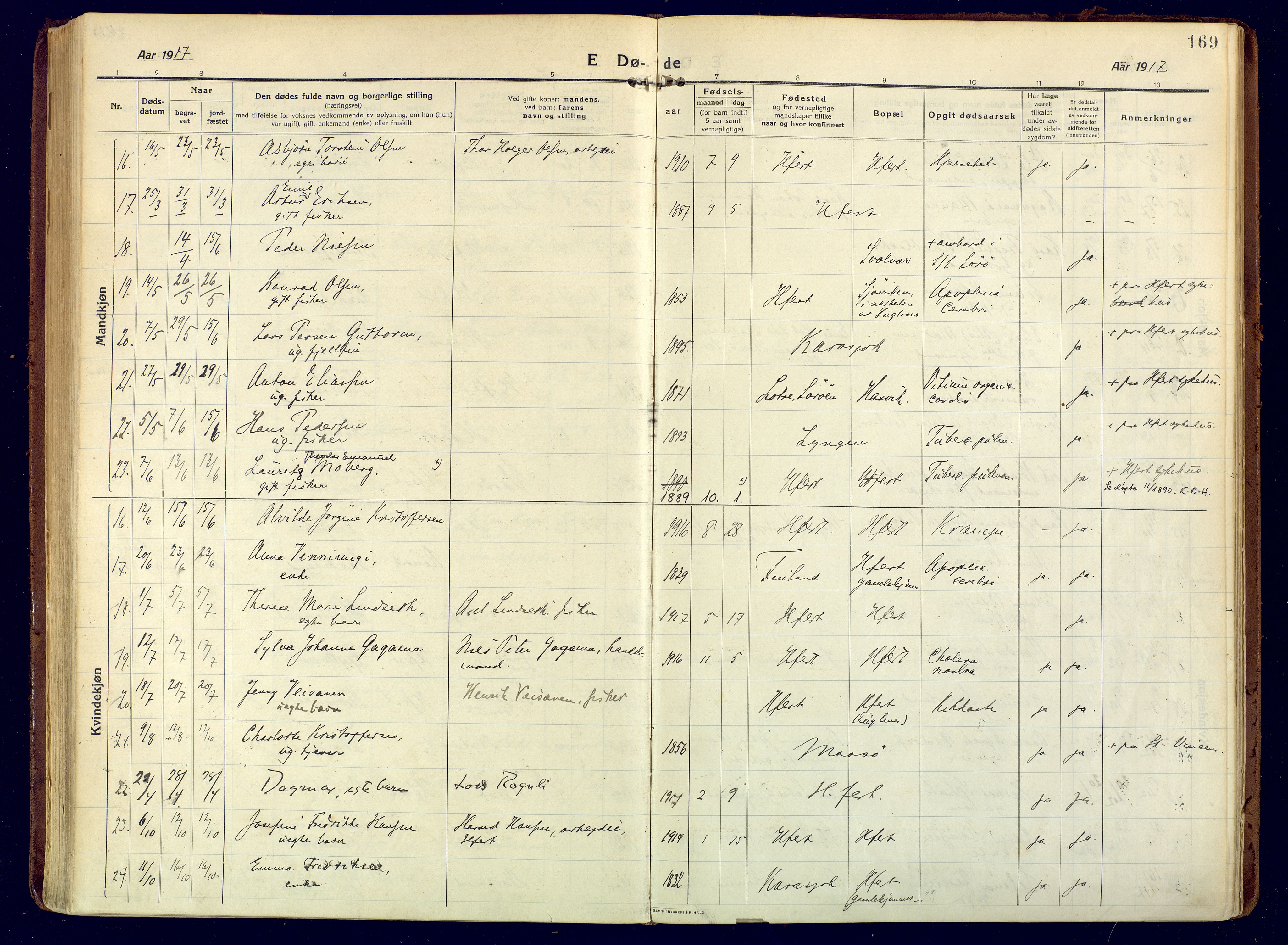 Hammerfest sokneprestkontor, AV/SATØ-S-1347/H/Ha/L0015.kirke: Parish register (official) no. 15, 1916-1923, p. 169