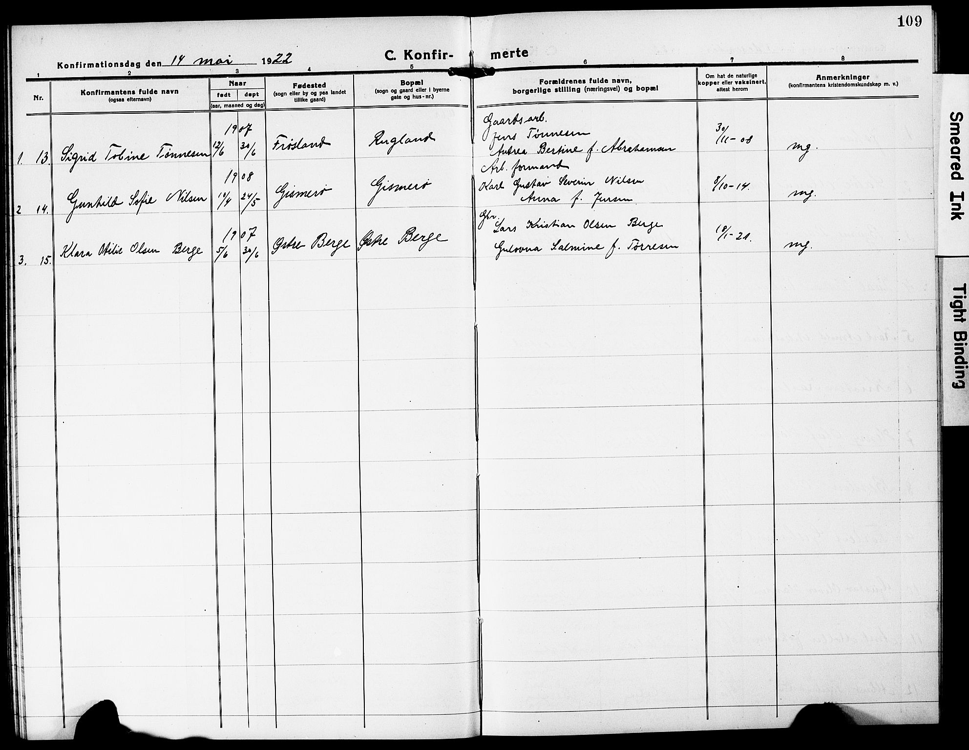 Mandal sokneprestkontor, SAK/1111-0030/F/Fb/Fba/L0013: Parish register (copy) no. B 7, 1918-1931, p. 109