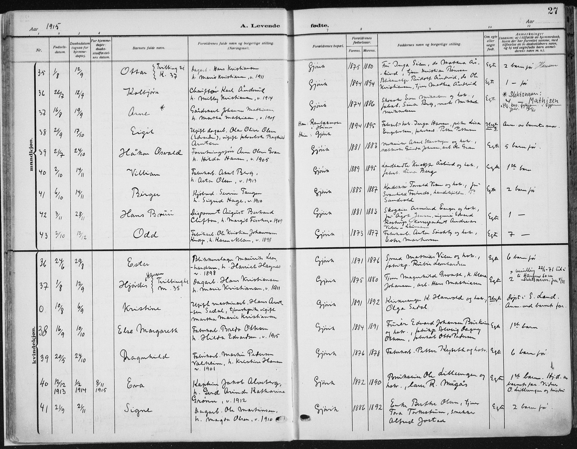 Vardal prestekontor, AV/SAH-PREST-100/H/Ha/Haa/L0014: Parish register (official) no. 14, 1912-1922, p. 27