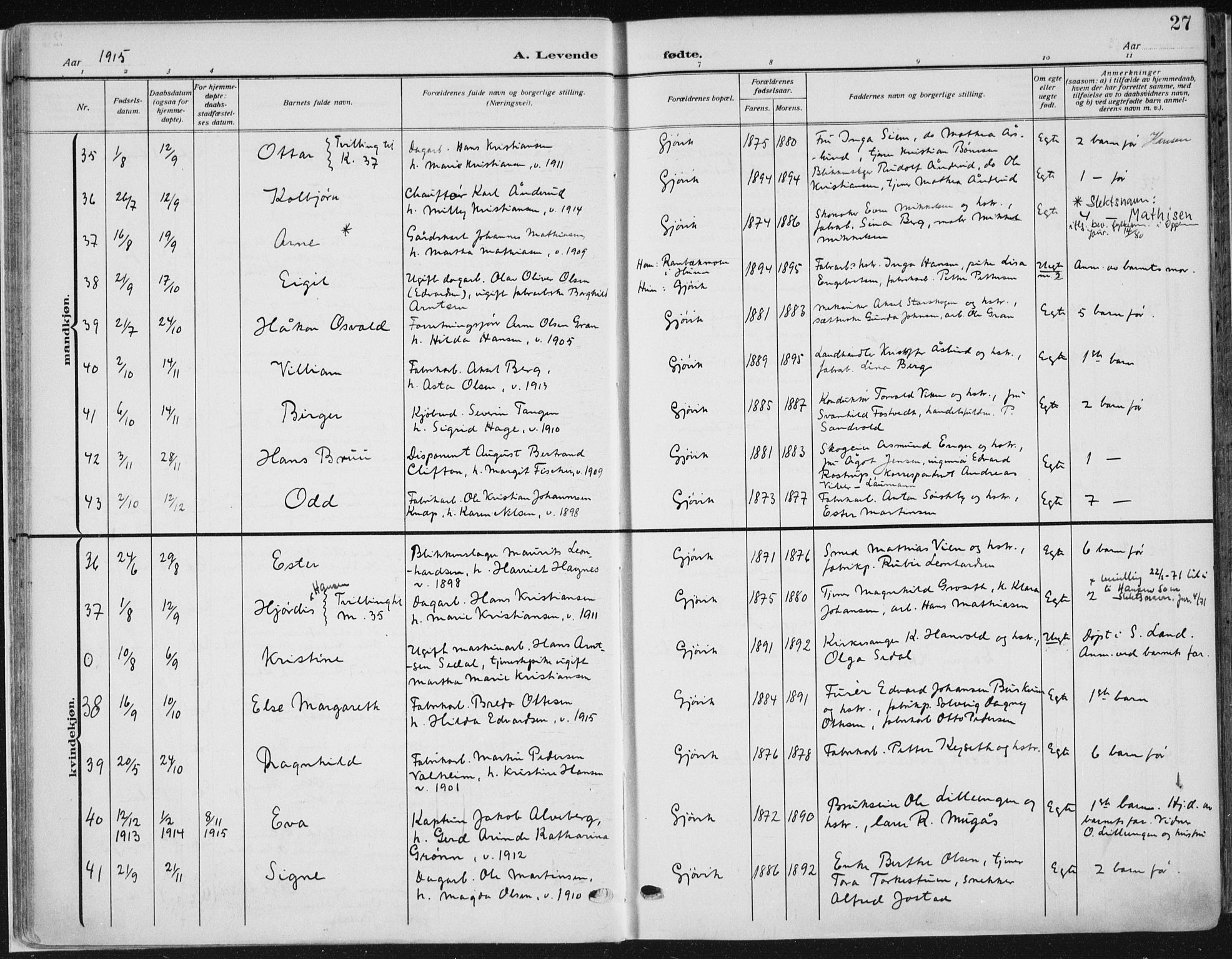 Vardal prestekontor, SAH/PREST-100/H/Ha/Haa/L0014: Parish register (official) no. 14, 1912-1922, p. 27