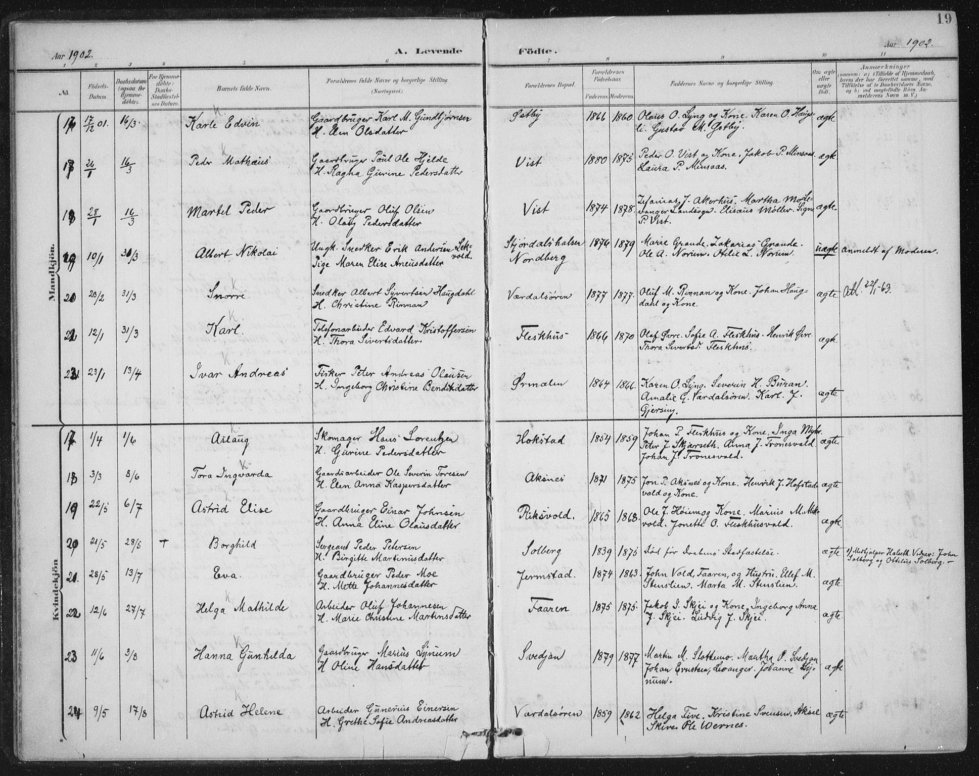 Ministerialprotokoller, klokkerbøker og fødselsregistre - Nord-Trøndelag, AV/SAT-A-1458/723/L0246: Parish register (official) no. 723A15, 1900-1917, p. 19